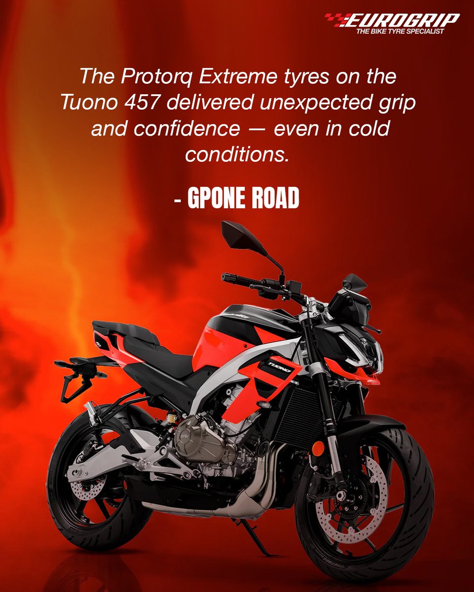 Use code RADIAL20 to get 20% off Eurogrip Tyres! 
Riders worldwide are praising Protorq Extreme for its grip, agility &amp; performance on the Aprilia Tuono 457. Built to perform—no matter the road!

#EurogripTyres #EnjoyEveryTurn #ProtorqExtreme #Tuono457