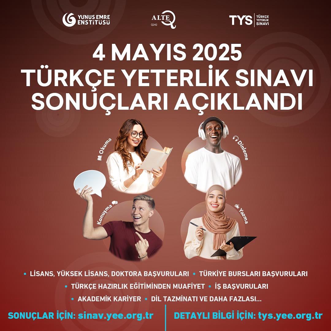 4 Mayıs 2025 tarihinde uygulanan Türkçe Yeterlik Sınavı (TYS) sonuçları açıklandı! Sonuçları sinav.yee.org.tr adresinden öğrenebilirsiniz. 

#TYS
#TürkçeBirleştirir