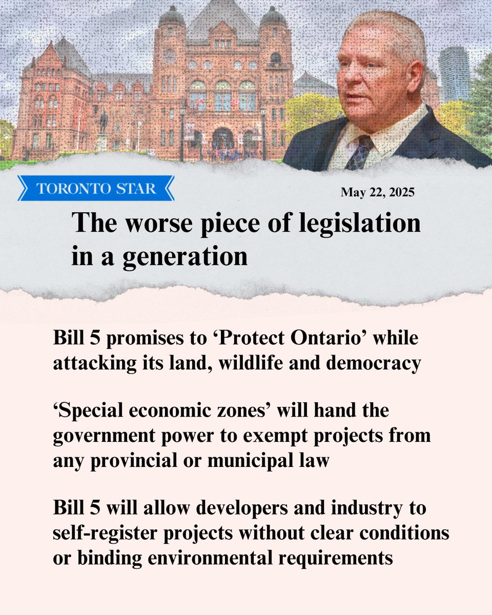 🚨 Doug Ford’s Bill 5 is an assault on democracy, Treaty rights and the environment in Ontario.

Environmental defenders, civil liberties advocates, &amp; Indigenous leaders are linking arms to stop Bill 5 before it wipes out the Endangered Species Act and take away our rights.