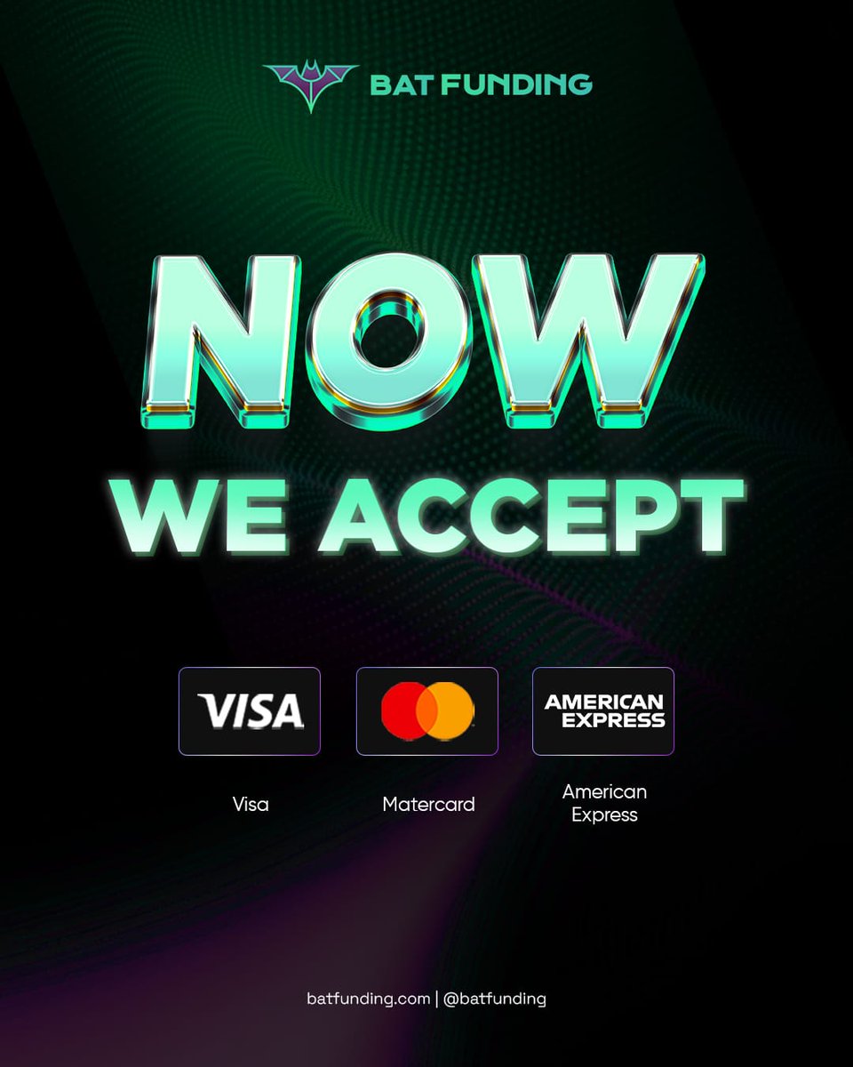 BatFunding's tweet photo. Exciting News ❗️
💳 Visa, Mastercard, and Amex payments are now available.
More payment options, less hasle.
#propfirm #propfirmtrading #batfunding #visapayments #mastercardpayments #americanexpress #tradetofreedom #forextrading https://t.co/q4SdK6jD5H