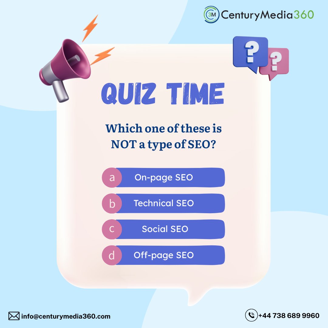 centurymedia360's tweet photo. Quiz Time!!!
Share with us your answers in the comment.
#QuizTime #SEOQuiz #FunWithLearning #LearnSEO #DigitalMarketing #SEO #centurymedia360 https://t.co/eBSoETUQFJ