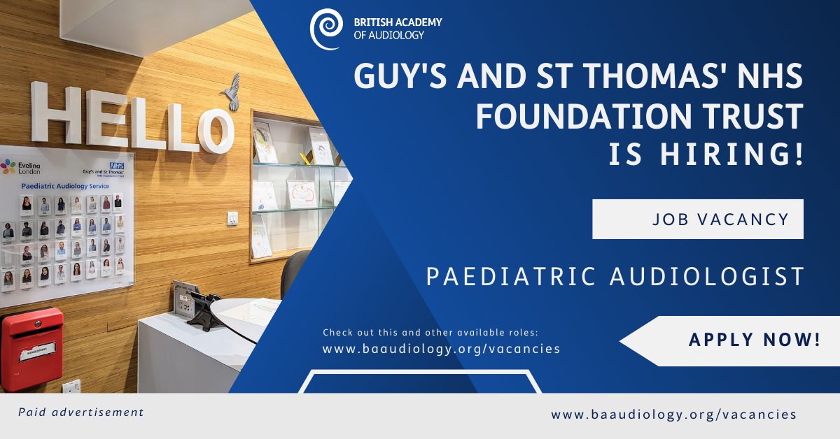 British Academy of Audiology (@baaudiology) on Twitter photo π¨ Theyβre hiring!
Guyβs & St Thomasβ is looking for a motivated Paediatric Audiologist to join their leading team. A rewarding role with clinical & development opportunitiesβplus 4-day working weeks!
π London
π baaudiology.org/vacancies/paedβ¦
#AudiologyJobs #NHSJobs π¨ Theyβre hiring!
Guyβs & St Thomasβ is looking for a motivated Paediatric Audiologist to join their leading team. A rewarding role with clinical & development opportunitiesβplus 4-day working weeks!
π London
π baaudiology.org/vacancies/paedβ¦
#AudiologyJobs #NHSJobs