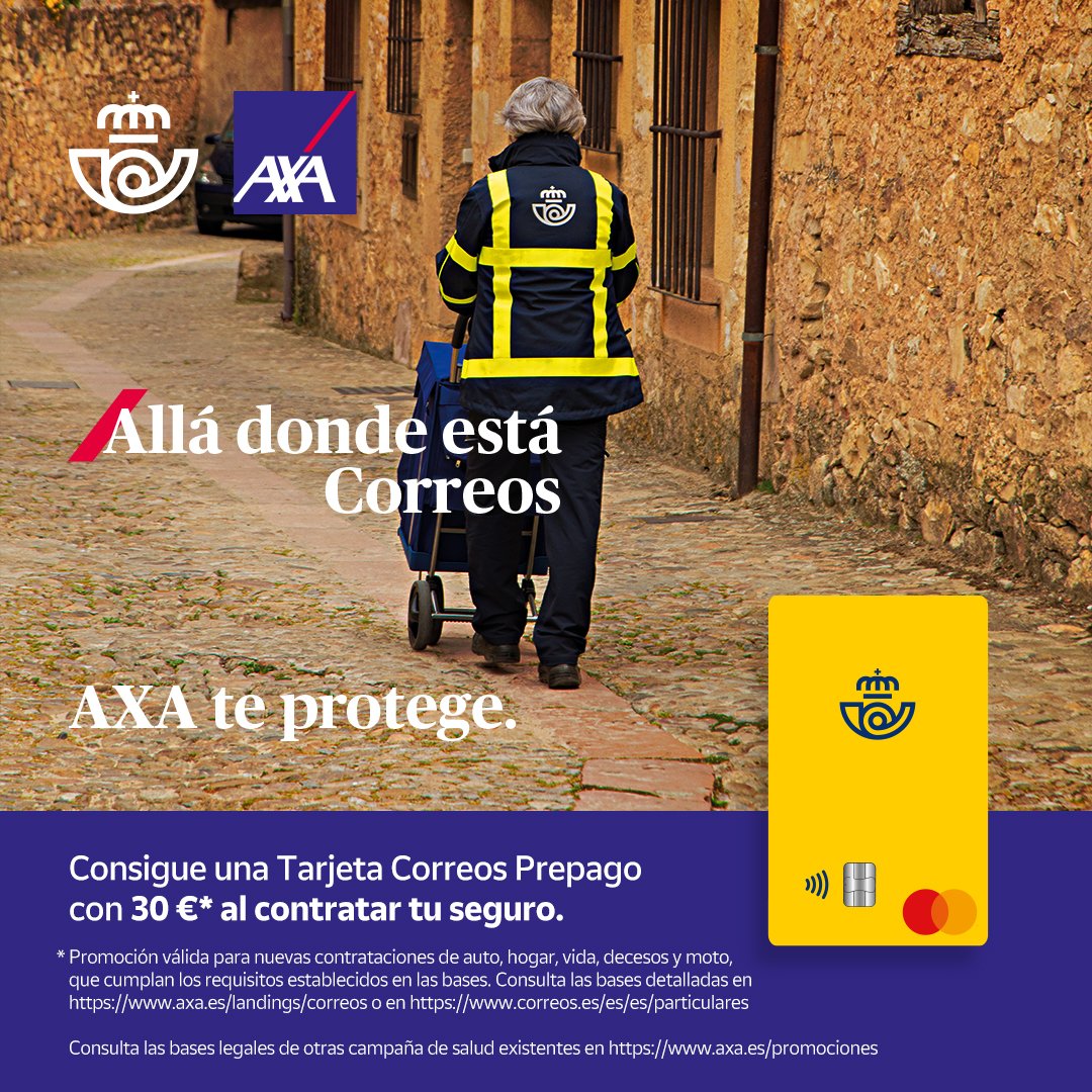 Correos (@correos) on Twitter photo Ahora contratando con nosotros un seguro de <a href="/AXASegurosEs/">AXA España</a> podrás conseguir una Tarjeta Correos Prepago con 30€. Consulta condiciones en bit.ly/BBLL_Prepago_A… Ahora contratando con nosotros un seguro de <a href="/AXASegurosEs/">AXA España</a> podrás conseguir una Tarjeta Correos Prepago con 30€. Consulta condiciones en bit.ly/BBLL_Prepago_A…