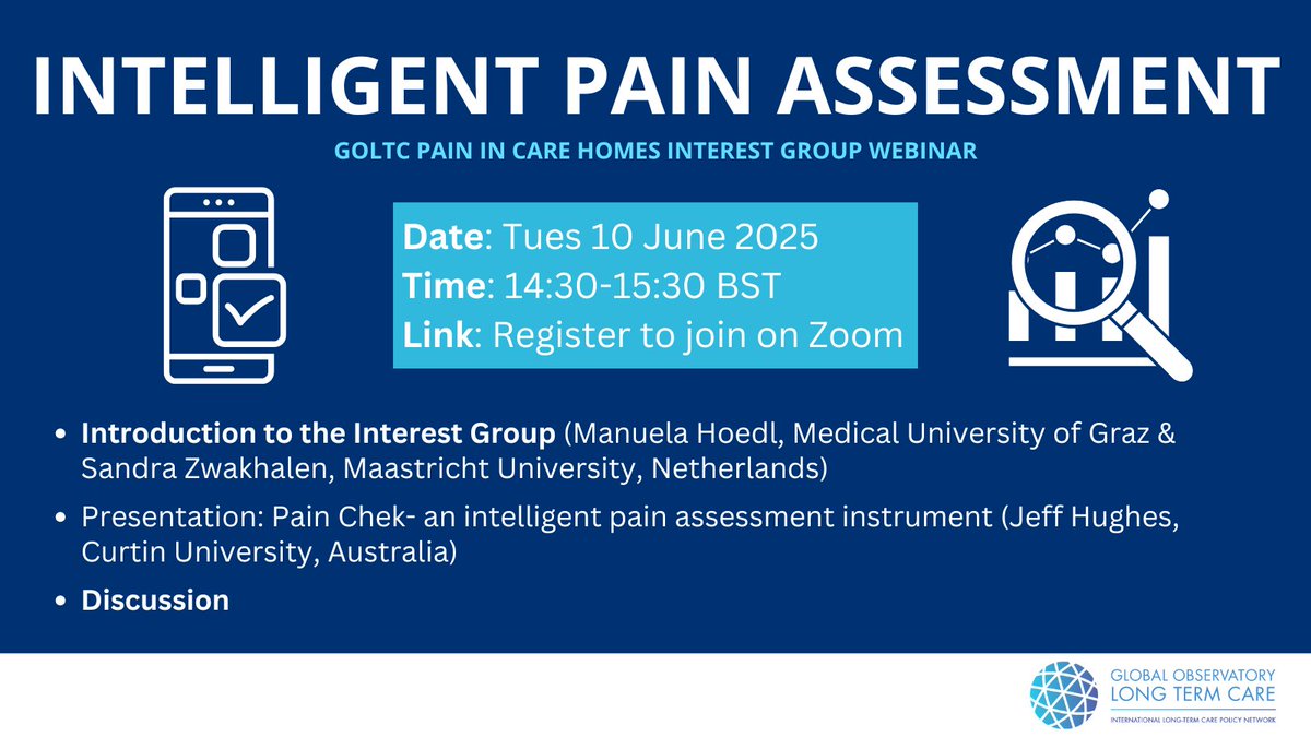 GlobalObLTC's tweet image. UPCOMING WEBINAR: Intelligent pain management 🧠

JOIN US on 10 June for this exciting webinar featuring a presentation on @PainChek from the Chief Scientific Officer, Jeff Hughes. 🧑‍💻

REGISTER NOW:👉lse.zoom.us/meeting/regist…

#CareTech #PainManagement #CareHomes