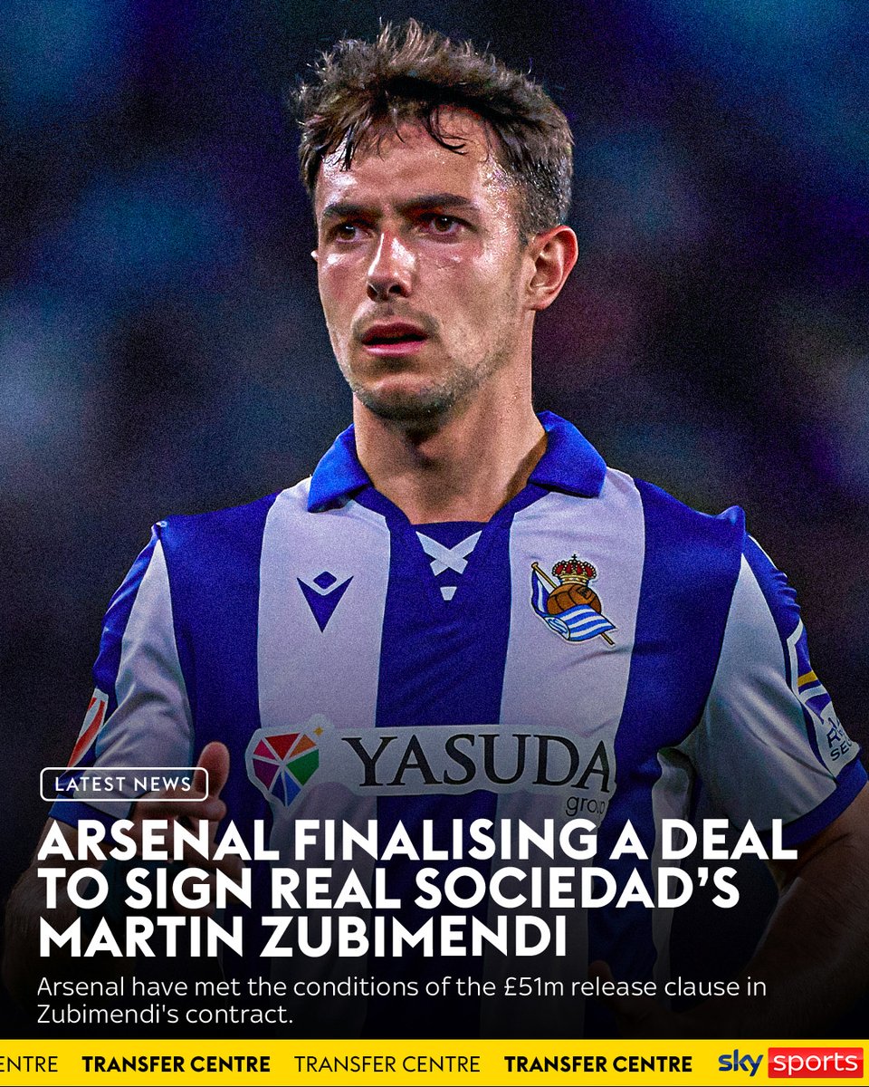 SkySportsPL's tweet photo. Arsenal are finalising a deal to sign Martin Zubimendi from Real Sociedad, Sky Sports News understands ✍️ https://t.co/7Jua437Cg6