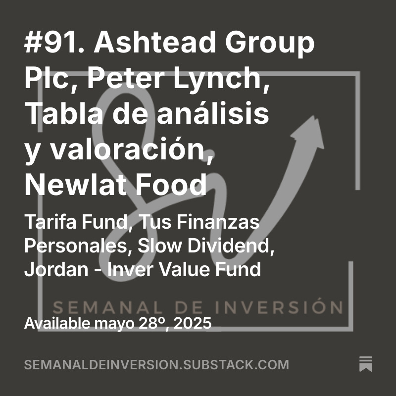 Semanal de Inversión #91 con publicaciones (link en bio)
<a href="/AparicioCadiz/">Tarifa Fund</a> 
<a href="/Finanzasybolsa/">Tus Finanzas Personales</a> 
<a href="/SlowDividend/">Slow Dividend</a> 
<a href="/InverValueFund/">Jordan del Rio Nova</a> 
<a href="/mfncrisbarros/">Cristian Barros</a> 
<a href="/ResGloStocks/">Researching Global Stocks</a> 
<a href="/CipresMomentum/">SrCiprés</a> 
<a href="/GaliciaInvestor/">Galician Investor Quality Research</a> 
<a href="/ValueInvestingS/">Paco Lodeiro Amado</a> 
<a href="/AvantageCapital/">Avantage Capital</a> 
<a href="/juangomezbada/">Juan Gómez Bada</a> 
<a href="/jessanleon/">Jesús Sánchez León</a> 
<a href="/AccionEAFI/">Javier Acción, EAFN</a> 
<a href="/WorldStockss/">Worldstocks Investments</a>