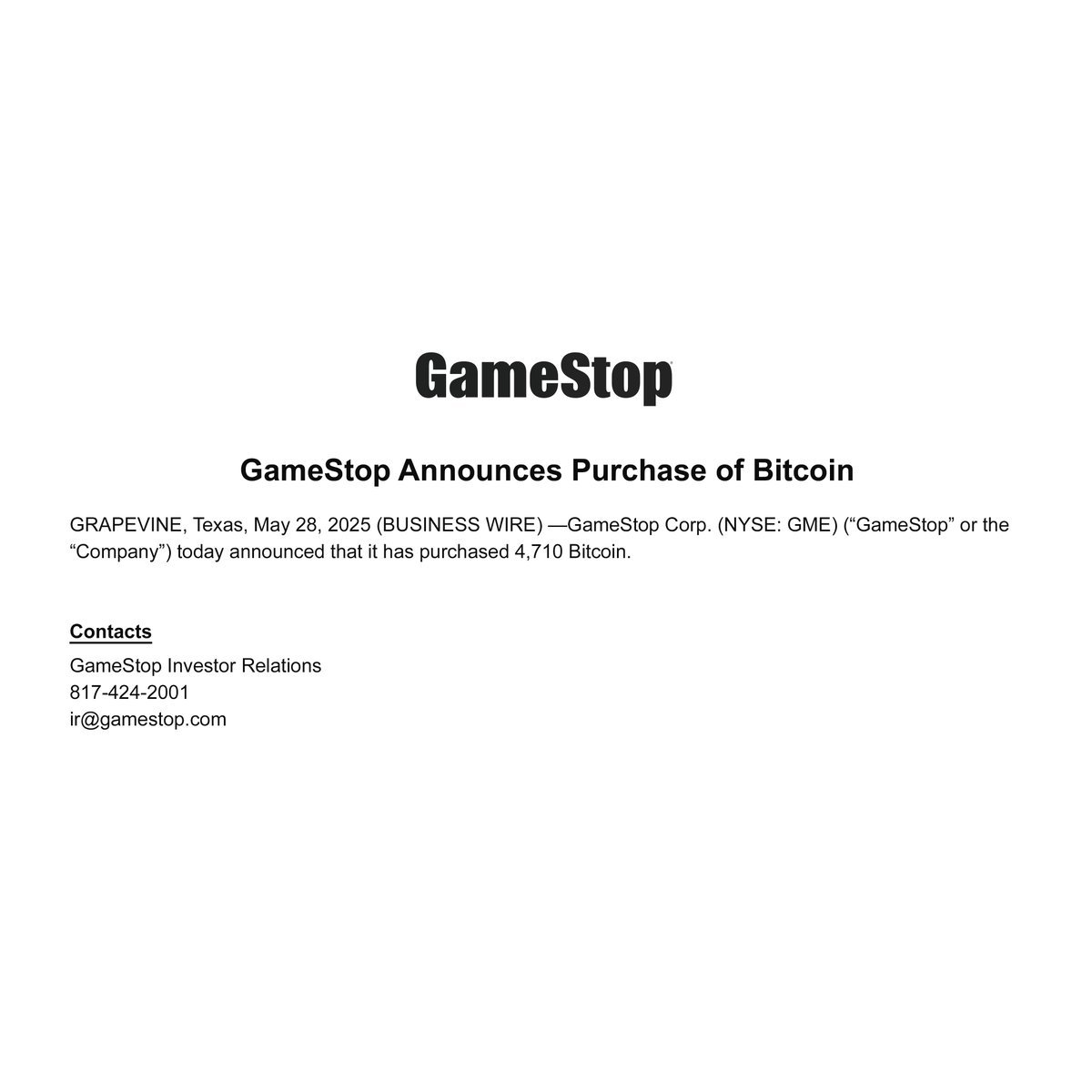 GameStop purchased 4710 #Bitcoin. Higher?