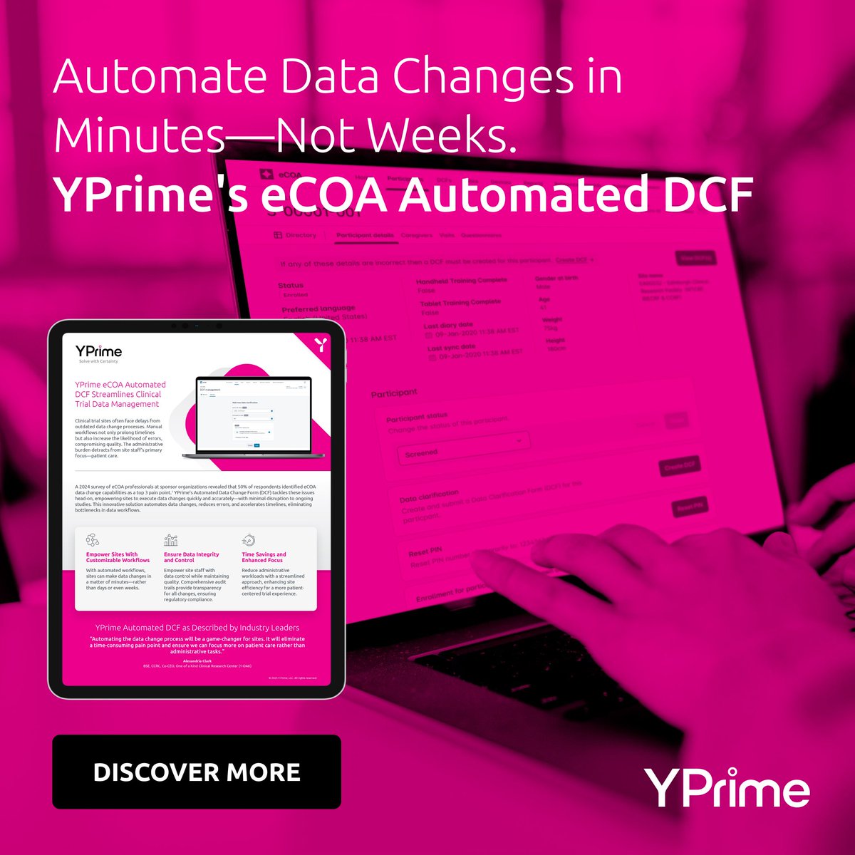 Clinical trials can’t afford delays. Manual data change workflows waste time and increase the risk of errors. That's where YPrime’s eCOA Automated DCF comes into play. Learn more here: hubs.ly/Q03ppPBf0
#eCOA #DCF #Automation #DataQuality #PatientCentric #ClinicalResearch