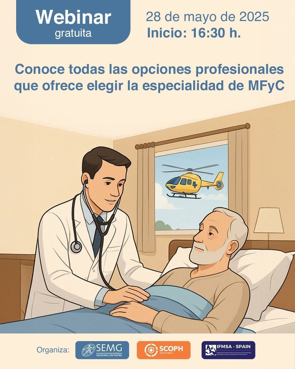 👨‍⚕️ 👩‍⚕️ Esta tarde te esperamos ⏰ a partir de las 16: 30 h. conéctate a esta #webinar gratuita 🥼 para mostrarte todas las opciones profesionales que ofrece elegir la especialidad de #MFyC

🔗 Enlace e información de conexión vía Zoom disponible en: buff.ly/LoILh8C