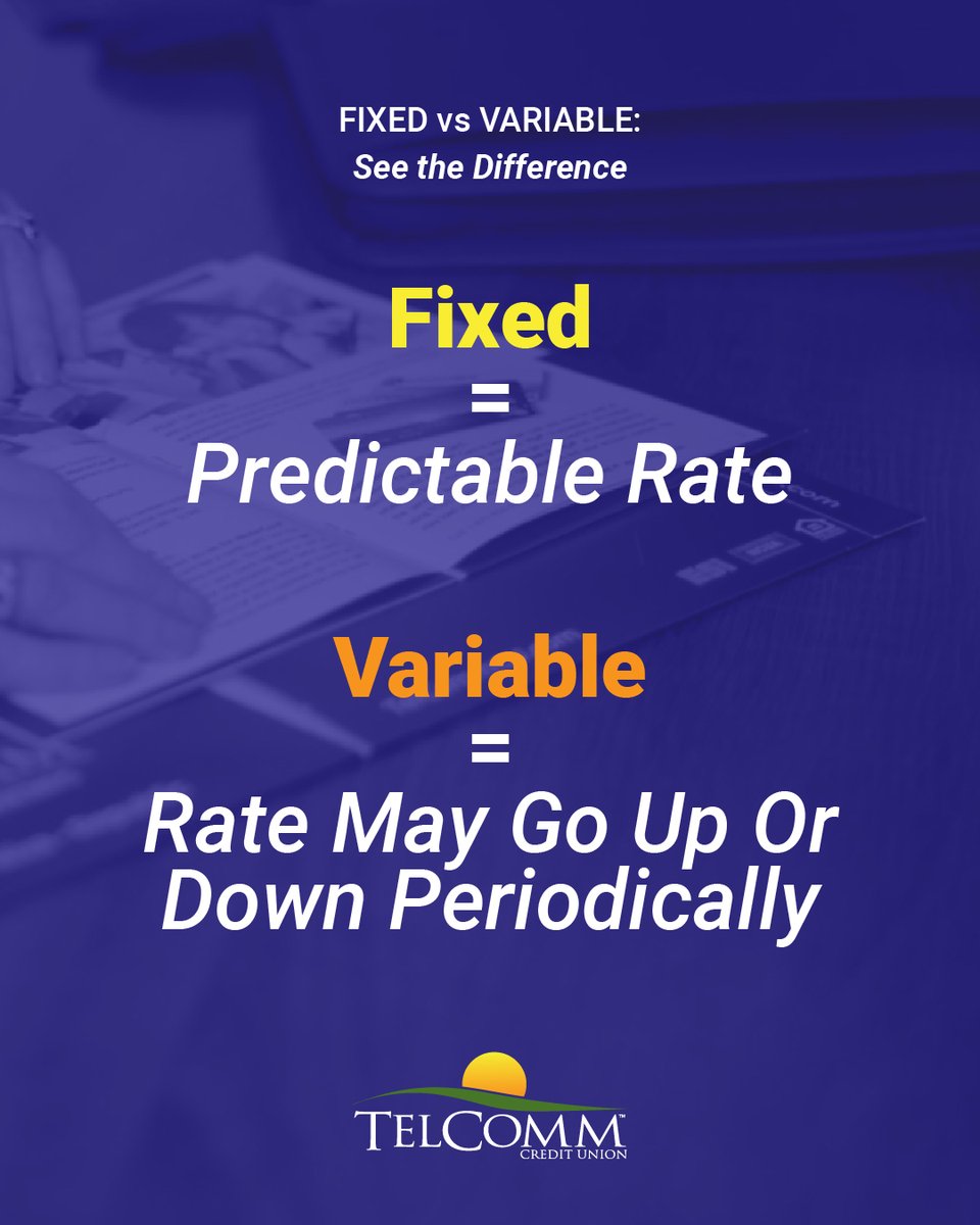 Fixed vs. Variable: See the Difference
Same loan, different rates = different monthly payments.

Fixed = predictable rate.
Variable = rate may go up or down periodically.

We’ll help you choose the one that fits your life. 

#RateRundown #BetterThanBanking #TCUTips