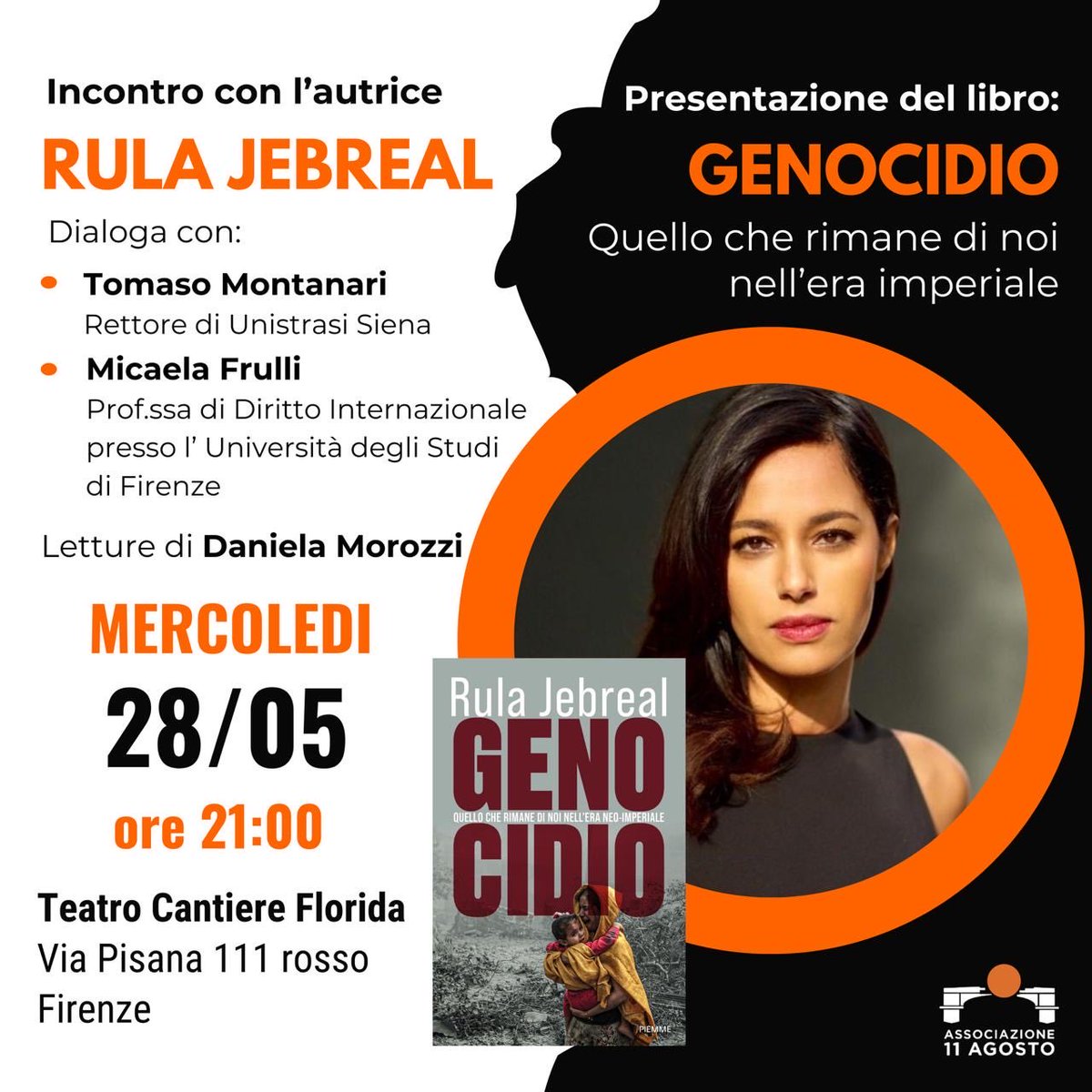 Rula Jebreal (@rulajebreal) on Twitter photo Cari amici e amiche,
stasera sarò a Firenze per la presentazione del mio libro GENOCIDIO, con Michaela Frulli e <a href="/tomasomontanari/">Tomaso Montanari</a>, uno dei più coraggiosi intellettuali italiani.
Vi aspetto alle ore 21:00 al Teatro Florida. Cari amici e amiche,
stasera sarò a Firenze per la presentazione del mio libro GENOCIDIO, con Michaela Frulli e <a href="/tomasomontanari/">Tomaso Montanari</a>, uno dei più coraggiosi intellettuali italiani.
Vi aspetto alle ore 21:00 al Teatro Florida.