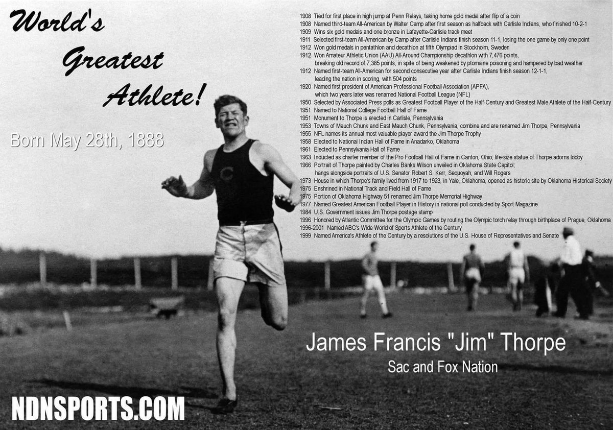On this day, May 28th in 1887, Jim Thorpe was born near current-day Prague, Oklahoma. An All-American in football at the Carlisle Indian School, he won the pentathlon and decathlon at the 1912 Olympics. 
#NativeAthlete #Olympian #GOAT #SacFox #Potawatomi