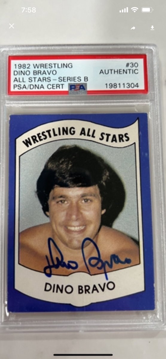 Uncle Danny (@danny313131) on Twitter photo The 1982 Wrestling All Stars Signed Rookie Card of Dino Bravo is one of the most rare/set busters in the set primarily due to him passing away 32 years ago. Whenever anyone gets a chance, watch the <a href="/DarkSideOfRing/">Dark Side of the Ring</a> episode on Dino Bravo and his connections to the Mob in Canada. The 1982 Wrestling All Stars Signed Rookie Card of Dino Bravo is one of the most rare/set busters in the set primarily due to him passing away 32 years ago. Whenever anyone gets a chance, watch the <a href="/DarkSideOfRing/">Dark Side of the Ring</a> episode on Dino Bravo and his connections to the Mob in Canada.