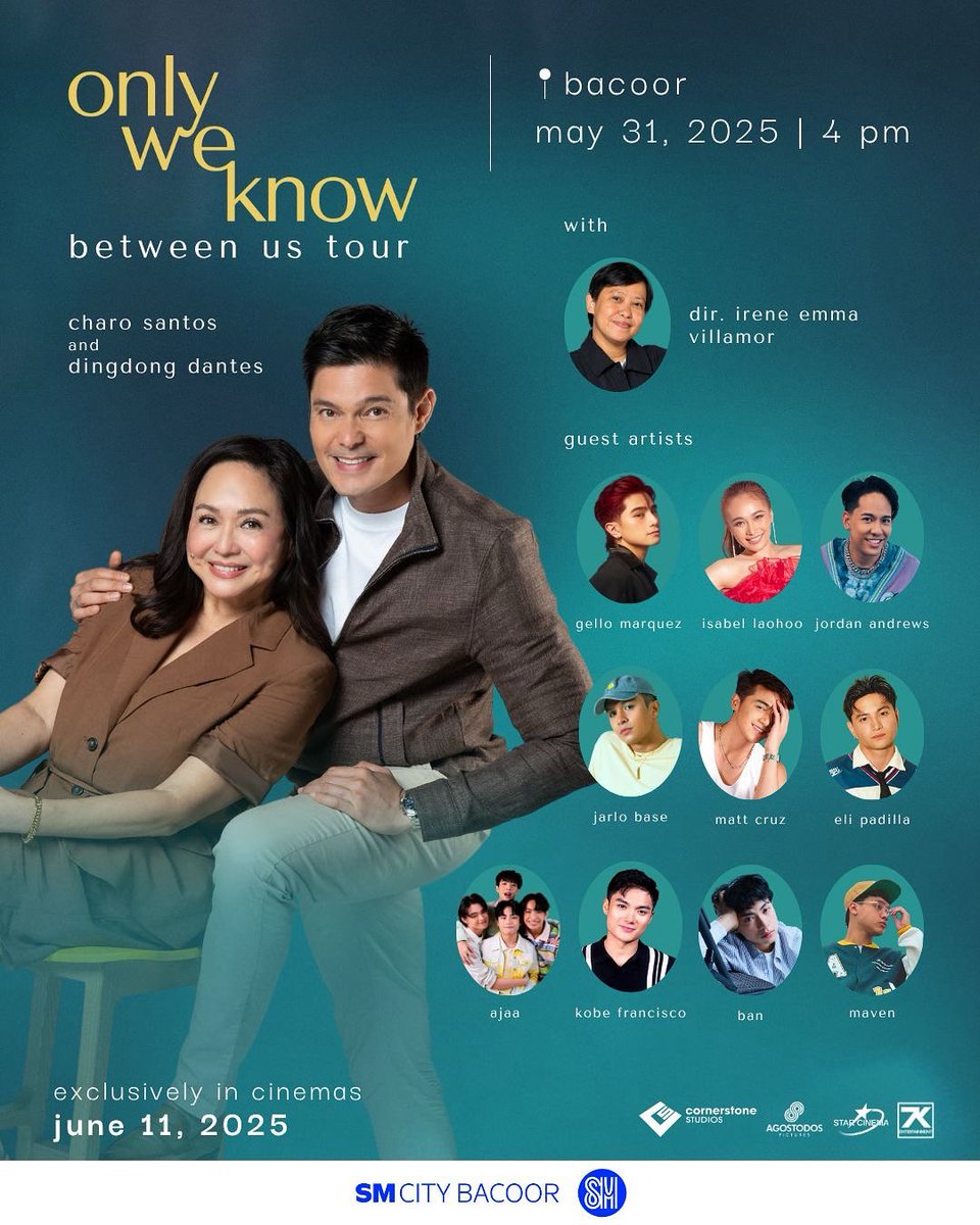 StarCinema's tweet image. It’s ‘Between Us’ at SM City Bacoor! 🩵

Join Charo Santos and Dingdong Dantes, with Director Irene Emma Villamor in ‘Between Us’ tour at SM City Bacoor! 

This event is hosted by Milo Elmido Jr., with special performances from Gello Marquez, Jordan Andrews, Isabel Laohoo, Jarlo…