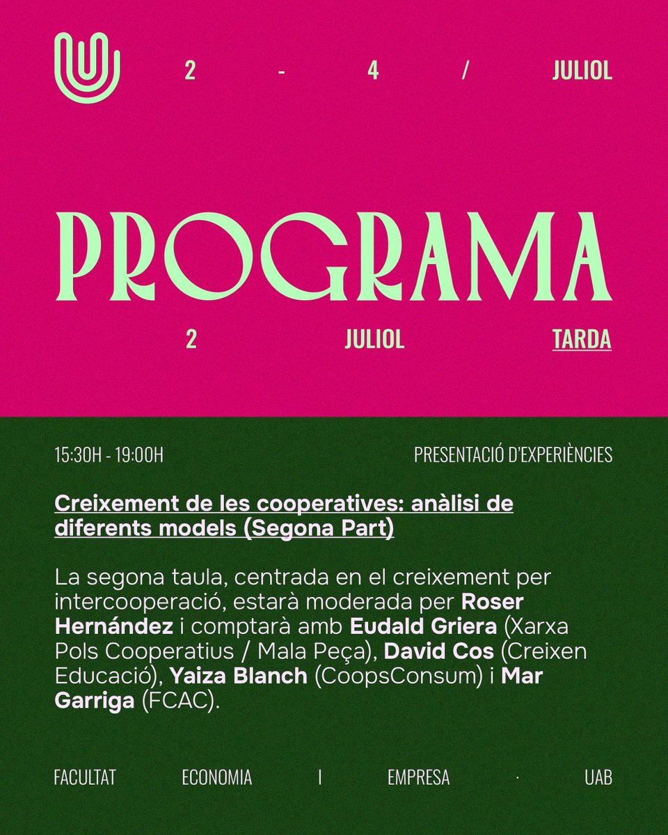 Federació Coopsconsum (@coopsconsum) on Twitter photo 👉 Ja teniu entrada, per la #UESCOOP25?
🥰 La nostra presidenta Yaiza Blanch participarà de la taula: "Creixement de les #cooperatives: anàlisi de diferents models"
🕛 Dimecres 2 de juliol, de 15:30 h a 19 h a la <a href="/UABBarcelona/">Universitat Autònoma de Barcelona</a>
🎟️ uescoop.coop/entrades 👉 Ja teniu entrada, per la #UESCOOP25?
🥰 La nostra presidenta Yaiza Blanch participarà de la taula: "Creixement de les #cooperatives: anàlisi de diferents models"
🕛 Dimecres 2 de juliol, de 15:30 h a 19 h a la <a href="/UABBarcelona/">Universitat Autònoma de Barcelona</a>
🎟️ uescoop.coop/entrades