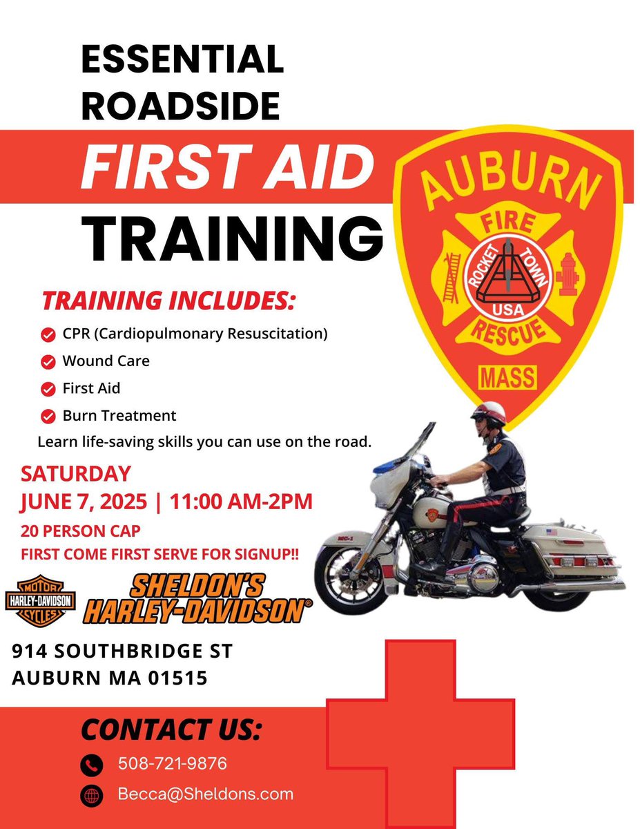Auburn Fire Rescue (@auburnmassfire) on Twitter photo The <a href="/auburnmassfire/">Auburn Fire Rescue</a> Motor Unit is excited to partner with Sheldon's Harley-Davidson to offer "Roadside First Aid Training". Learn critical life saving skills including the use of tourniquets and become certified in CPR. Call Becca today to reserve your spot at 508-721-9876. The <a href="/auburnmassfire/">Auburn Fire Rescue</a> Motor Unit is excited to partner with Sheldon's Harley-Davidson to offer "Roadside First Aid Training". Learn critical life saving skills including the use of tourniquets and become certified in CPR. Call Becca today to reserve your spot at 508-721-9876.
