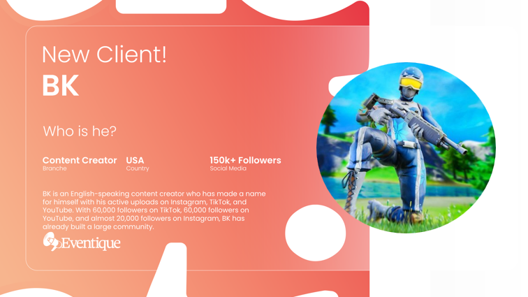 EventiqueHQ's tweet photo. Welcome to Eventique @BotBK_! 

Today we welcome our next content creator from the Fortnite section!🚀

We are currently open for inquiries of any kind, please contact us via mail info@eventique-agency.com📩 https://t.co/7ani0h6eRd