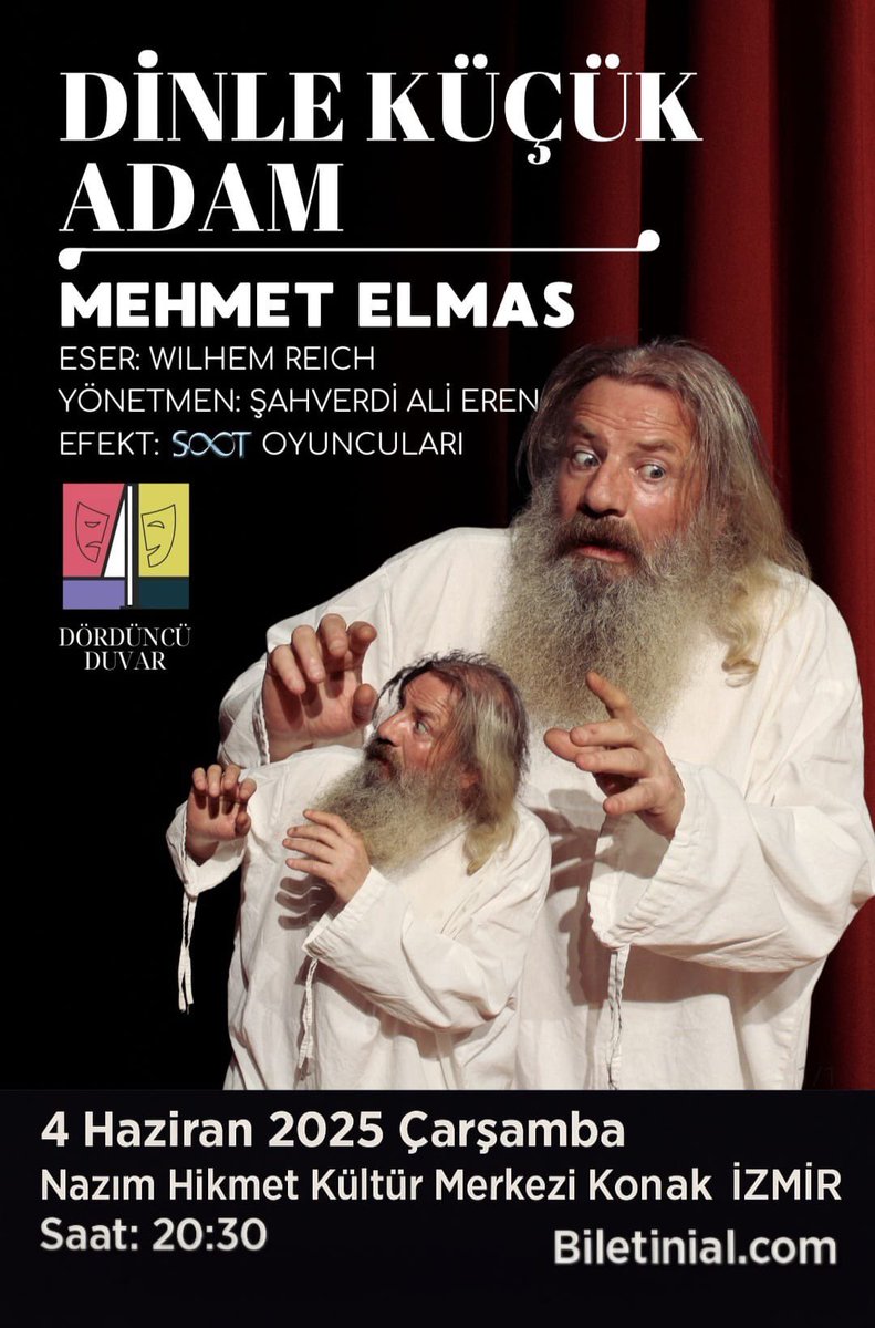 Canım İzmir ben geliyorum 🎭

Dinle Küçük Adam oyunumla 4 Haziran 2025 Çarşamba günü saat 20:30’da Konak Nazım Hikmet Kültür Merkezi’nde sizlerleyim. Hepinizi bekliyorum 🫶🏼