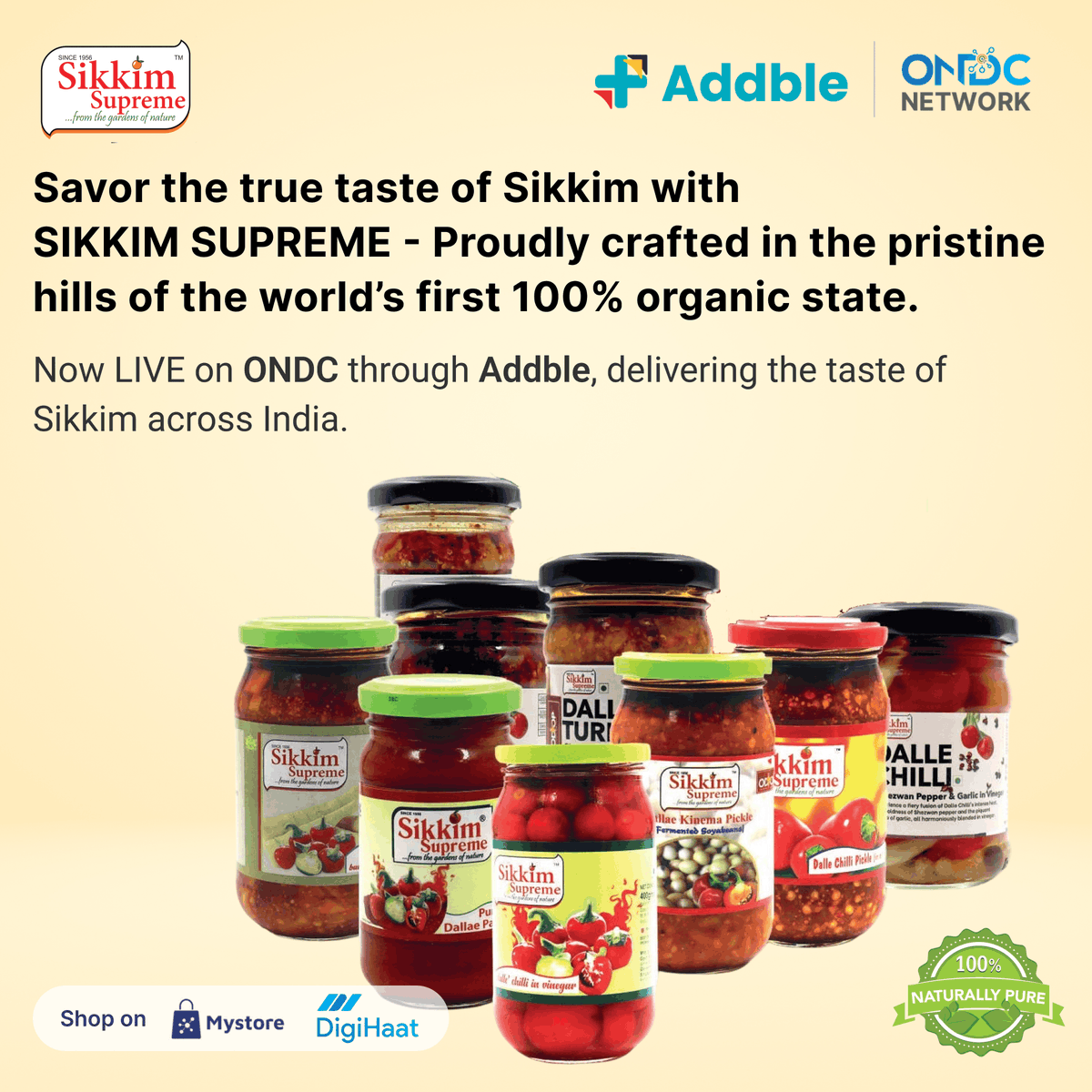 ONDC_Official's tweet photo. Savor the taste of Sikkim! 🌶️
From fiery dalle pickles to organic hill spices — Sikkim Supreme is now LIVE on ONDC via Addble!
Shop now on Mystore &amp; DigiHaat:
🔗 https://t.co/8c1LqWaCSD
🔗 https://t.co/3RqP5OEsNr
#ONDCNetwork #SupportLocal #SikkimSupreme https://t.co/mTSPorouCY