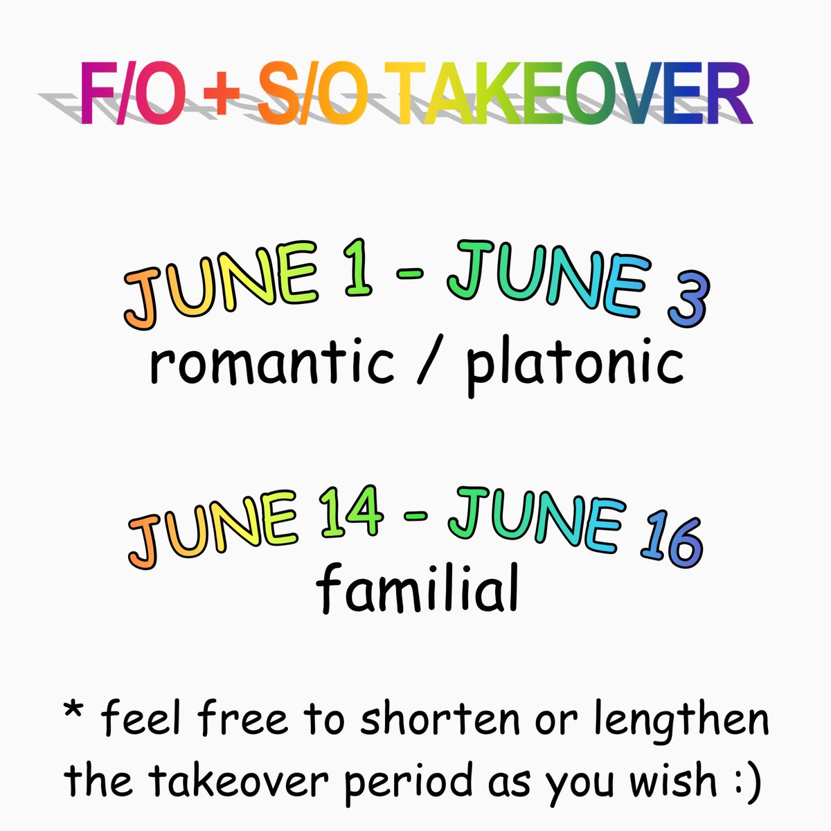 #yumetwt #riakotwt #soulbondtwt
JUNE F/O or S/O TAKEOVER!
romantic / platonic partners from june 1 - june 3
familial partners from june 14 - june 16
feel free to adjust the takeover period as you wish though!
♡ / ↺ to spread!