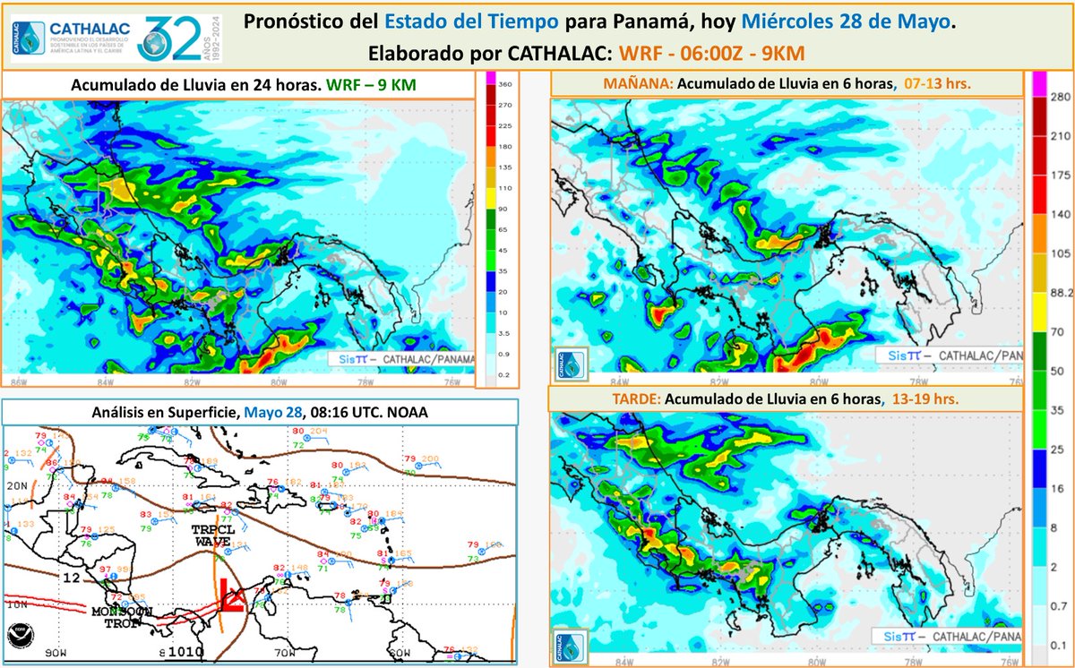 Pronóstico de Acumulado de Lluvia (mm) en 24 horas para Panamá hoy miércoles 28/mayo. Hoy se esperan lluvias en Panamá por una onda tropical y vientos alisios cargados de humedad. Se esperan acumulados de lluvia de 20 a 80 mm en 24 horas, con mayores cantidades en las regiones