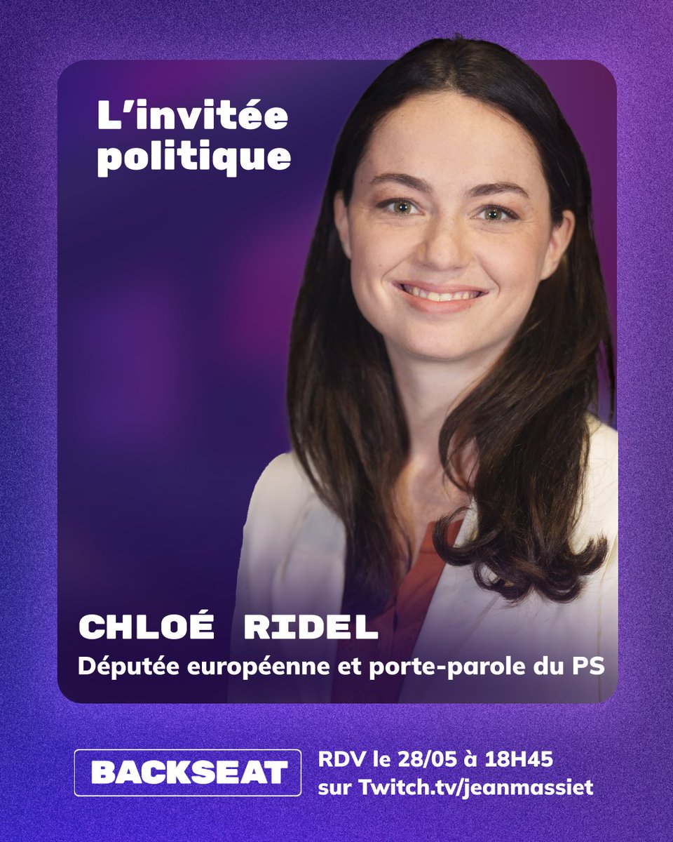Backseat🎙 (@backseat_fr) on Twitter photo 📢 Ce soir, <a href="/ChloeRidel/">Chloé Ridel</a> sera notre invitée politique
Députée européenne, porte-parole du PS et ancienne chroniqueuse de Backseat, elle sera à nos côtés à 21h00 pour répondre aux questions de <a href="/JeanMassiet/">Jean Massiet</a>, <a href="/UsulduFutur/">Usul</a>, <a href="/EmilioMeslet/">Emilio Meslet</a> et <a href="/theclimarx/">climarx</a>
RDV à 18h45 sur Twitch ! 🔥 📢 Ce soir, <a href="/ChloeRidel/">Chloé Ridel</a> sera notre invitée politique
Députée européenne, porte-parole du PS et ancienne chroniqueuse de Backseat, elle sera à nos côtés à 21h00 pour répondre aux questions de <a href="/JeanMassiet/">Jean Massiet</a>, <a href="/UsulduFutur/">Usul</a>, <a href="/EmilioMeslet/">Emilio Meslet</a> et <a href="/theclimarx/">climarx</a>
RDV à 18h45 sur Twitch ! 🔥