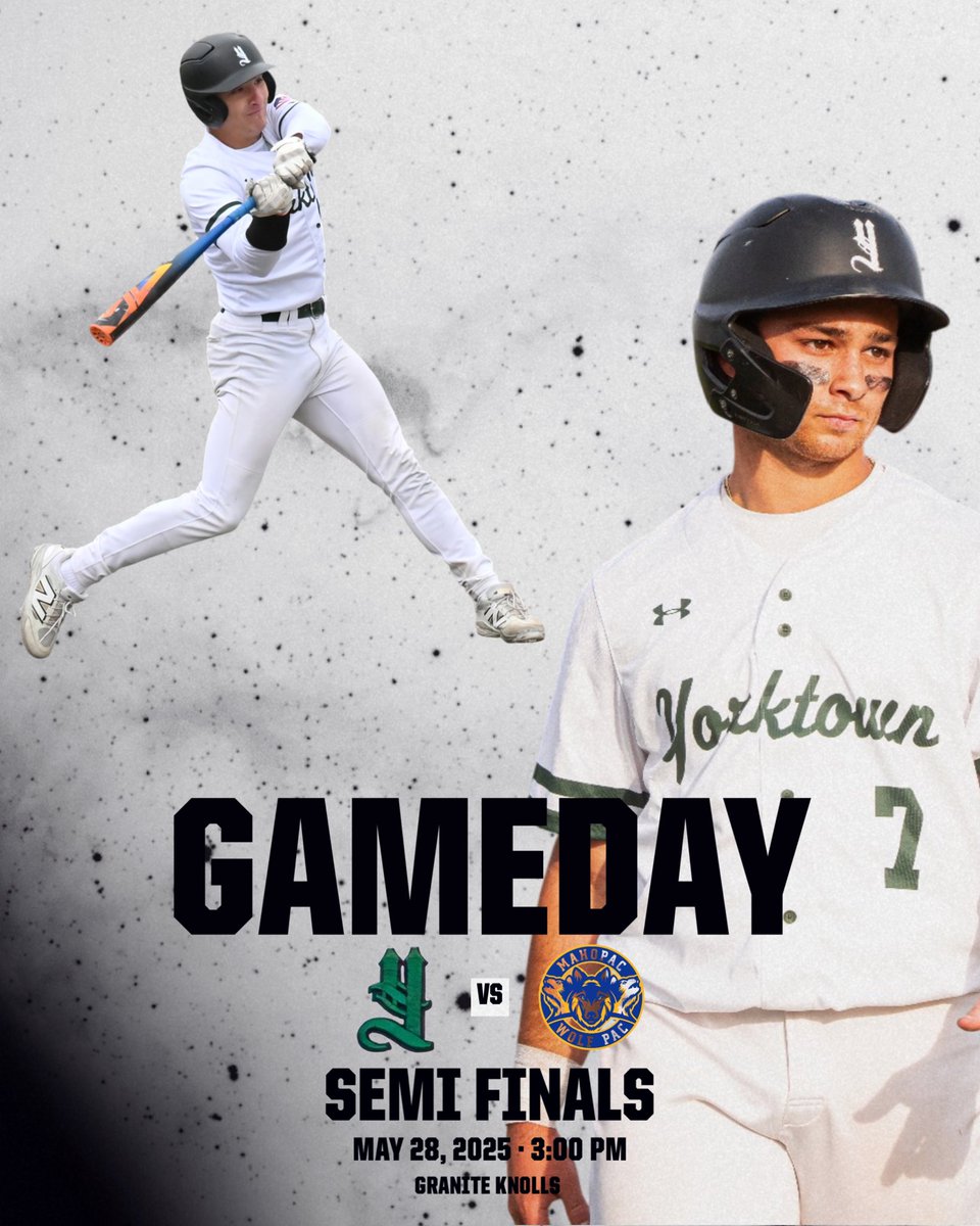 Yorktown hosts Mahopac today in a semi-final elimination game! First pitch is 3:00 at Granite Knolls. Come out and support!  <a href="/YCSD_Athletics/">Robert Barrett</a> <a href="/YHSDeGennaro/">Mr. Joseph DeGennaro</a>