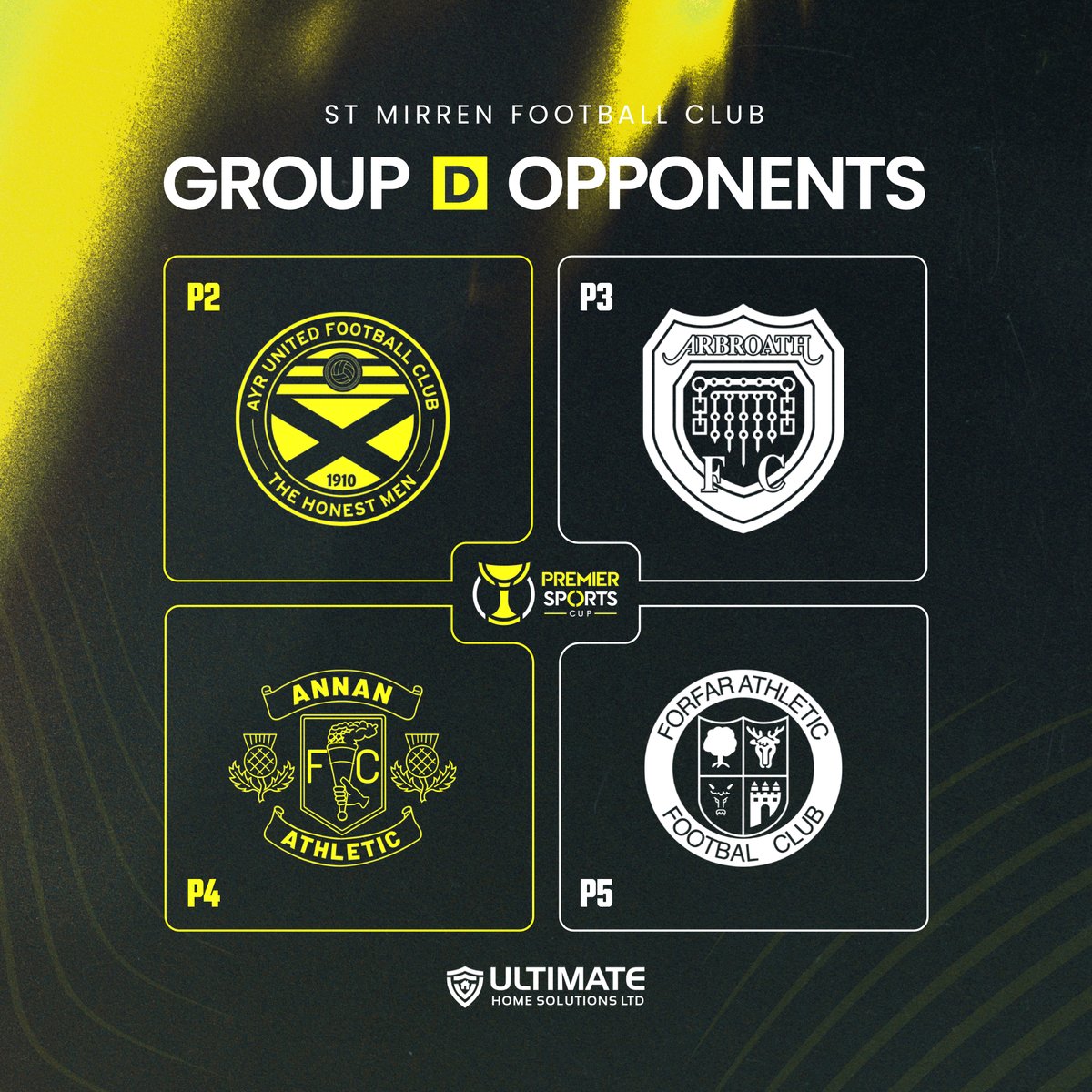 St Mirren will face Ayr United, Arbroath, Annan Athletic and Forfar Athletic in Group D of the Premier Sports Cup. 

Fixtures dates and venues will be confirmed in due course.