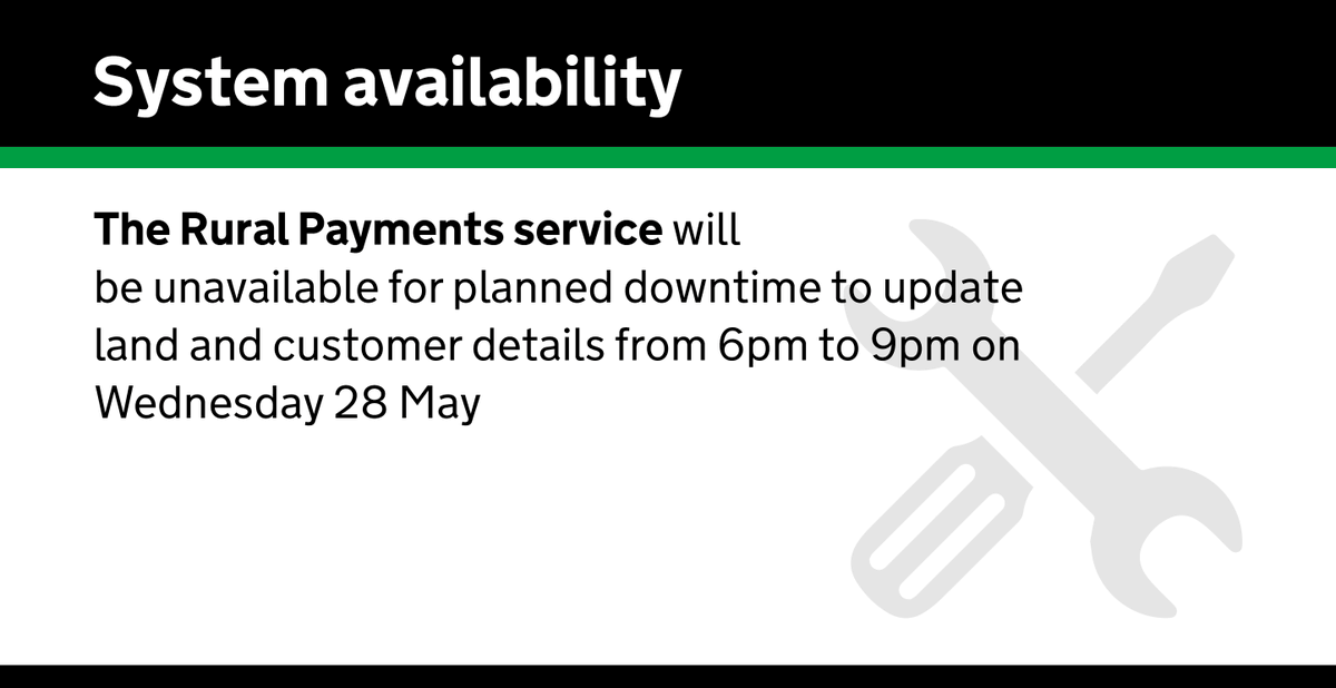 RPA (@ruralpay) on Twitter photo The Rural Payments service will be unavailable for planned downtime to update land and customer details from 6pm to 9pm on Wednesday 28 May The Rural Payments service will be unavailable for planned downtime to update land and customer details from 6pm to 9pm on Wednesday 28 May