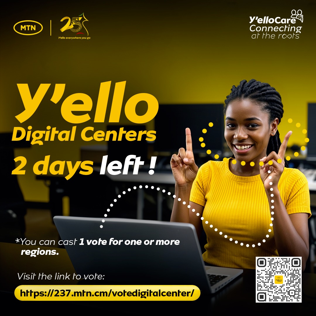 Y’ello Digital Centers – 2 days left!
You can cast 1 vote for one or more regions: 237.mtn.cm/votedigitalcen…
#21DaysOfYelloCare #YelloCare2025 #ConnectingAtTheRoots #DoingGoodTogether #MTNC25Years