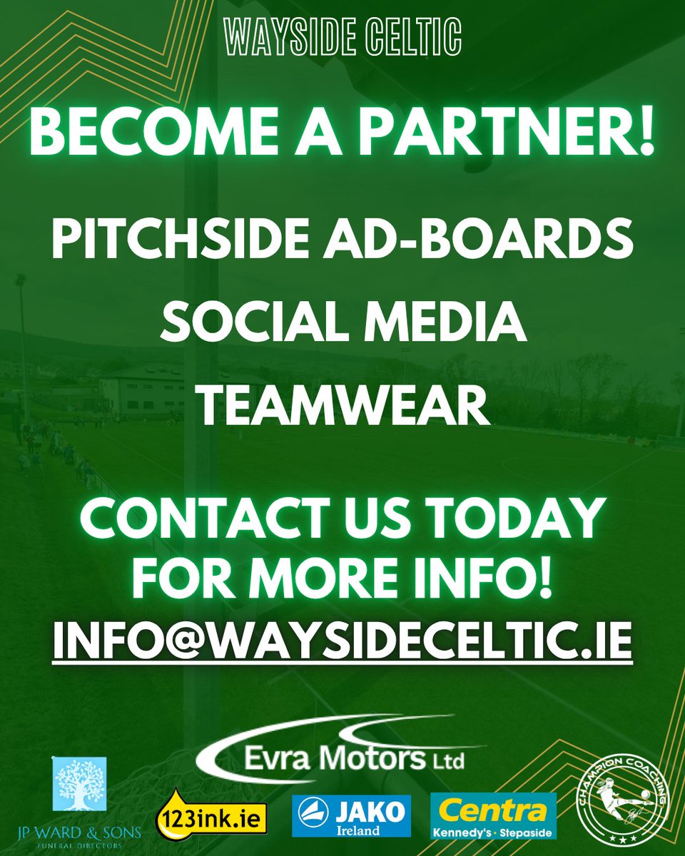 Wayside Celtic (@waysideceltic) on Twitter photo Become a Partner Today!
We are always looking for new strategic partnerships as a community based volunteer only club.
Interested?
Reach out to us at info@waysideceltic.ie today and we can talk you through the various ways you can become a partner with Wayside Celtic 🟢⚪ Become a Partner Today!
We are always looking for new strategic partnerships as a community based volunteer only club.
Interested?
Reach out to us at info@waysideceltic.ie today and we can talk you through the various ways you can become a partner with Wayside Celtic 🟢⚪