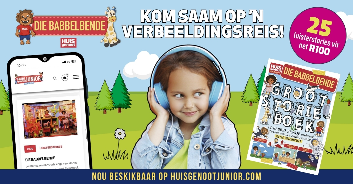 Luisterstories vir slaaptyd, 'n luilekker middag tuis of die langpad. Skuif nader en luister saam na voorlesings uit Die Babbelbende se Groot Storieboek. 
brnw.ch/21wSYXM