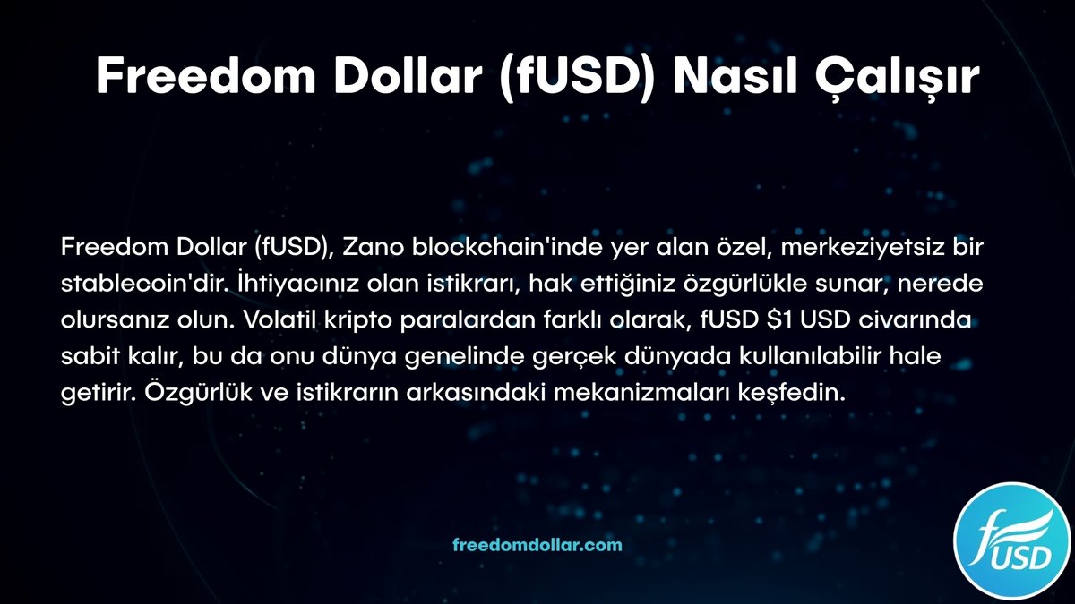 💵 <a href="/freedomdollar5/">Freedom Dollar</a> (fUSD) nedir?
Değişmeyen değer, tavizsiz özgürlük. 🌍

fUSD, Zano blockchain'inde çalışan merkeziyetsiz bir stablecoin.
📌 $1 USD'ye sabit
📌 Global kullanıma uygun
📌 Tam gizlilik ve özgürlük

Geleceğin finansı burada.

#zano #zanotürkiye #crypto #privacy