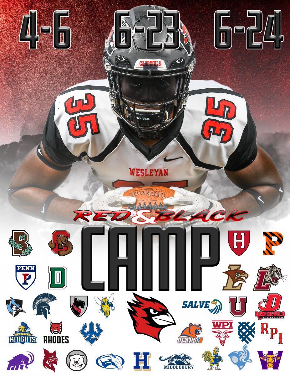 I will be at Red and Black camp hosted by <a href="/Wes_Football/">Wesleyan University Football</a> on June 23rd!

<a href="/CoachDiCenzo/">Dan DiCenzo</a> 
<a href="/PactPerformance/">Pact Performance</a> 
<a href="/CCRaider_FBall/">CCHS Football</a>