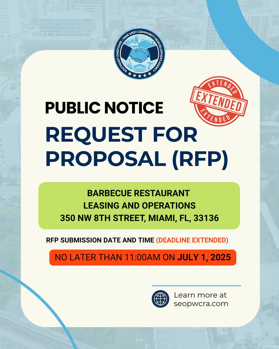 seopwcra's tweet photo. The SEOPW CRA is accepting proposals to lease and operate a barbecue restaurant at 350 NW 8th St, Miami!
 
DEADLINE EXTENDED: Tuesday, July 1, 2025, at 11:00 a.m. 

The property will be open to the public for a second opportunity to visit the space on June 5, 2025, at 11:00 a.m. https://t.co/dC4CxpZbpK