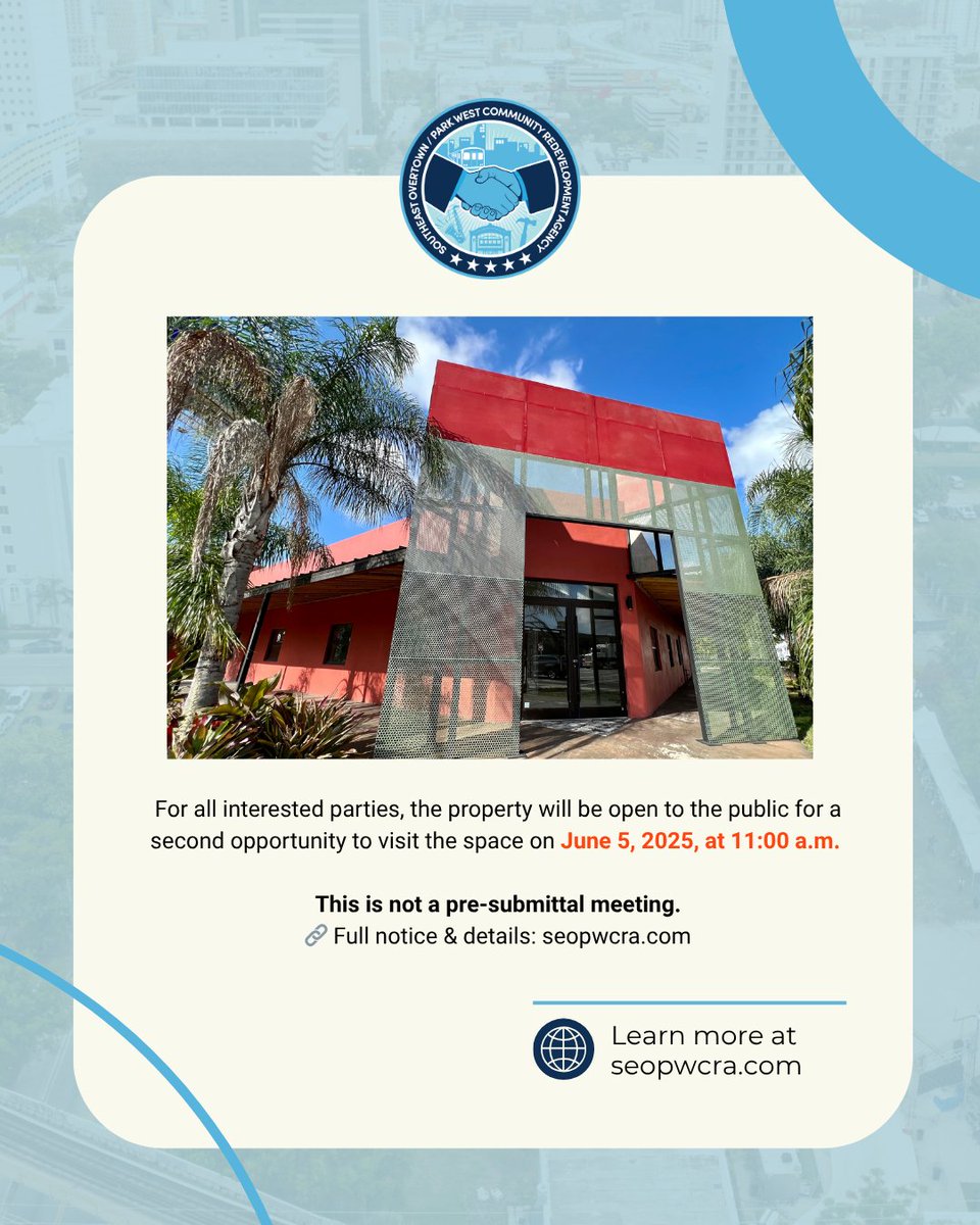 seopwcra's tweet photo. The SEOPW CRA is accepting proposals to lease and operate a barbecue restaurant at 350 NW 8th St, Miami!
 
DEADLINE EXTENDED: Tuesday, July 1, 2025, at 11:00 a.m. 

The property will be open to the public for a second opportunity to visit the space on June 5, 2025, at 11:00 a.m. https://t.co/dC4CxpZbpK