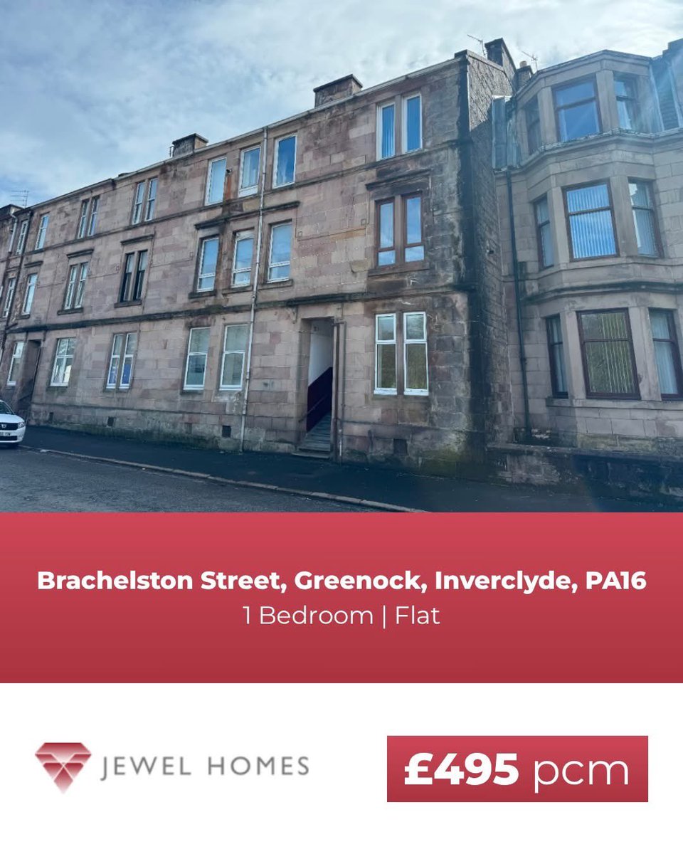 📍 Brachelston Street, Greenock, Inverclyde, PA16
🏠 1 Bedroom, Flat. £495 pcm

For more information please visit our website or contact us via:
📞 | 01236 793426 
✉ | info@jewelhomes.co.uk
🌎 | jewelhomes.co.uk

🔥NEW LANDLORDS 3 MONTHS FREE MANAGEMENT🔥