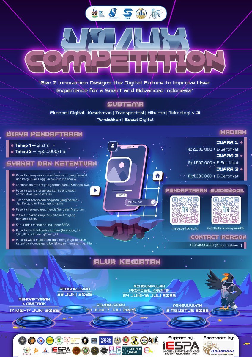 inspace_itk's tweet photo. @ipb_menfess Kebetulan banget nihh kakk, INSPACE 2025 lagi ngadain lomba dan pendaftarannya masih dibuka nih!! Cuss daftar sekarang 🤩 https://t.co/KH4jFSL7Uw
