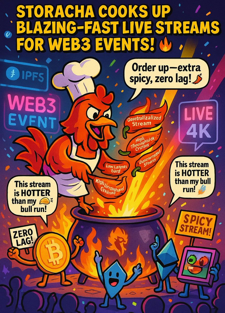 onlythewayup's tweet photo. 🔥Watch Storacha turn Web3 events into a spicy streaming feast! Our fiery chicken chef cooks up lag-free live streams with blazing-hot data—served fresh for the crypto crowd! ￼￼ Join the party with @storachanetwork #rachatime and feel the heat of decentralized magic!🔥 https://t.co/eN7XoMGsge