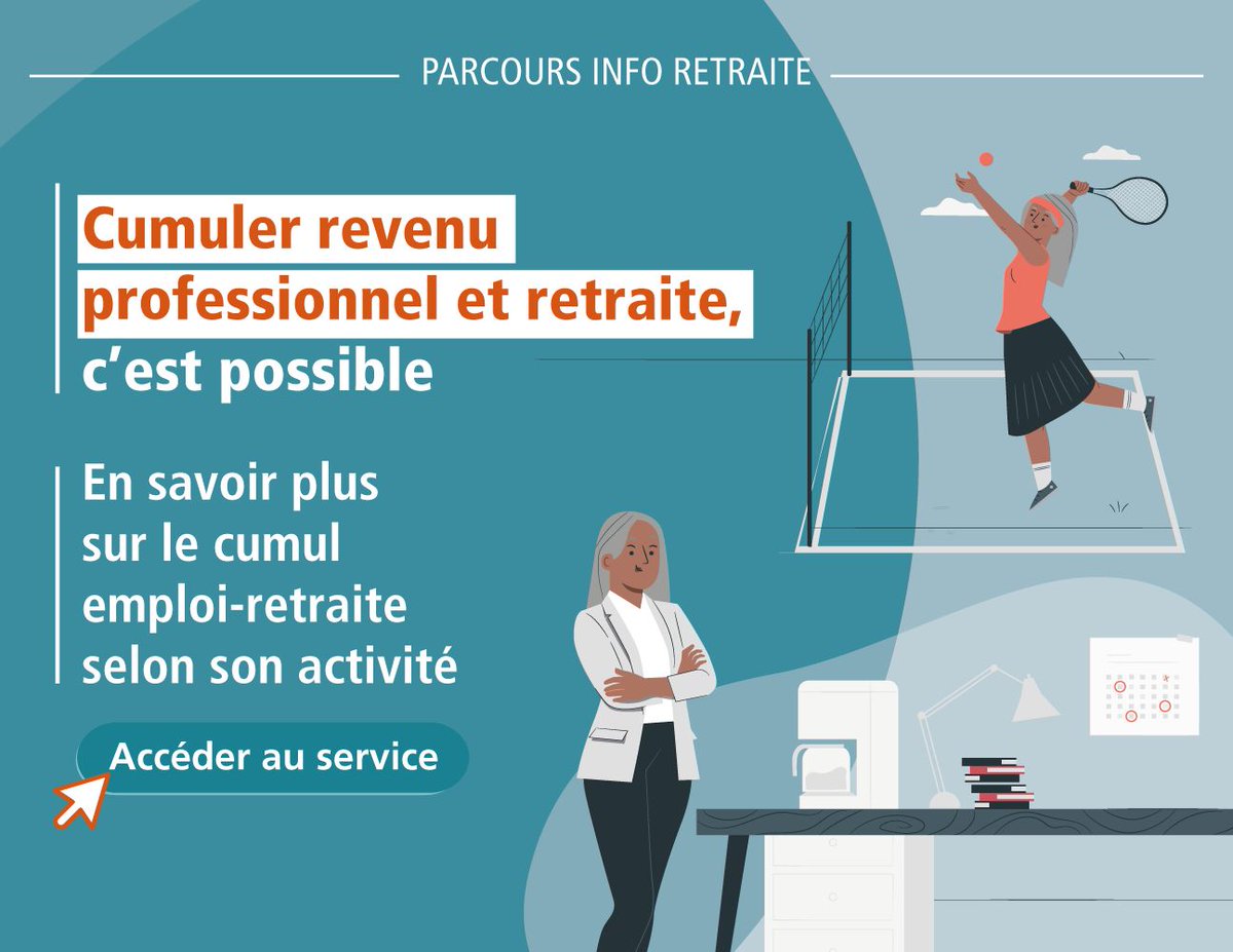 🔔 Nouveau service en ligne !
Vous mettez fin à votre cumul emploi-retraite ?
🖥️ Faites votre demande de retraite en une seule fois pour tous vos régimes, de base et complémentaires.
✅ Simple : une seule demande, 2 étapes
📲 Pratique : 100 % en ligne depuis votre compte retraite