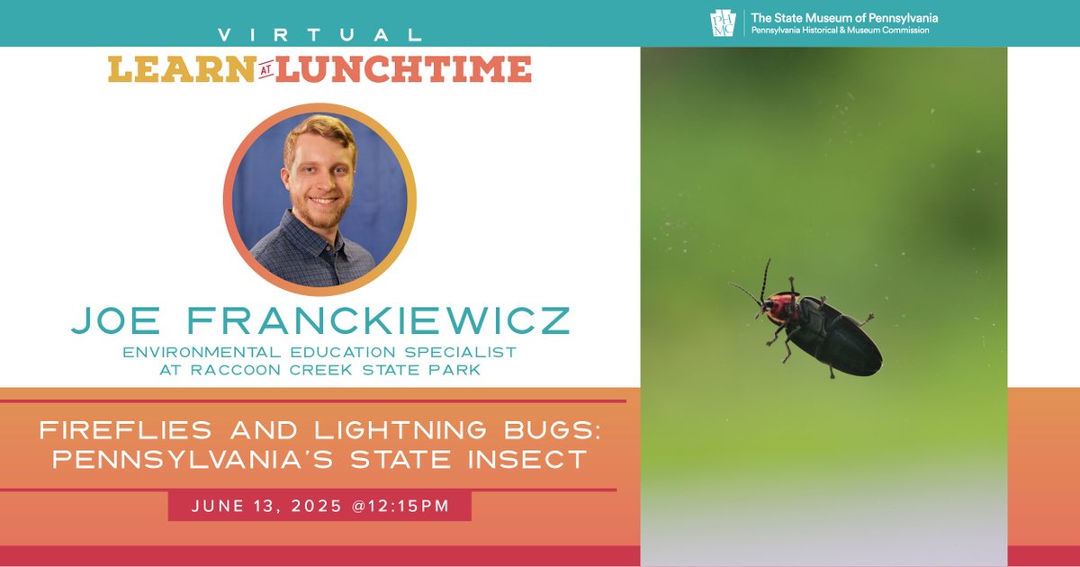 State Museum of PA (@statemuseumpa) on Twitter photo Joe Franckiewicz, Environmental Education Specialist at Raccoon Creek State Park (<a href="/DCNRnews/">PA Department of Conservation & Natural Resources</a>), will discuss Pennsylvania's state insect, the firefly, during this free, virtual Learn at Lunchtime program. Registration is required.
statemuseumpa.org/event/virtual-… Joe Franckiewicz, Environmental Education Specialist at Raccoon Creek State Park (<a href="/DCNRnews/">PA Department of Conservation & Natural Resources</a>), will discuss Pennsylvania's state insect, the firefly, during this free, virtual Learn at Lunchtime program. Registration is required.
statemuseumpa.org/event/virtual-…