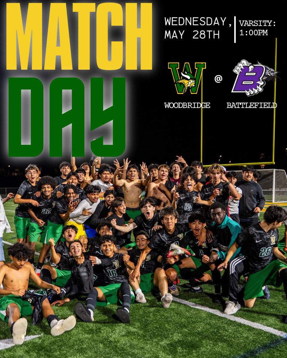 ‼️REGIONAL QUARTERFINALS‼️
BACK FOR MORE!! The boys are on the road to take on Battlefield for regional play! Support your Vikings as they kick off at 1!

⚽️ Woodbridge Vikings⠀
🆚 <a href="/Bobcat_Pride1/">Battlefield Athletic</a>
📆 5.28.2025
🕔 Boys Varsity at 1:00 PM
🏆 Region B Quarterfinals
🎯Battlefield HS