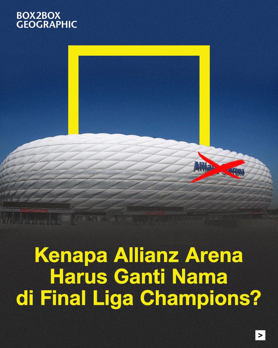 Box2BoxBola's tweet photo. Kenapa Allianz Arena ganti nama? 🧐

Berikut adalah alasan mengapa Allianz Arena ganti nama jadi Munich Football Arena saat Final Liga Champions antara Inter Milan vs Paris Saint-Germain 🔥

Selengkapnya baca di #box2boxgeographic https://t.co/USmbfamYmG
