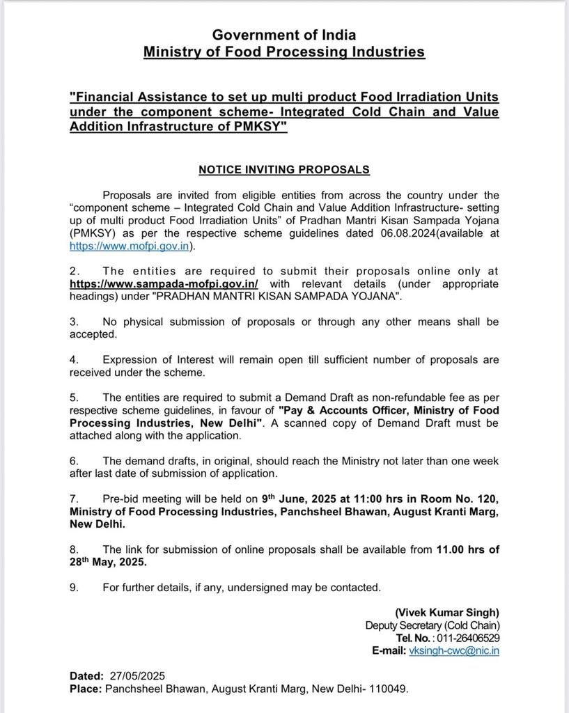 MOFPI_GOI's tweet photo. खाद्य प्रसंस्करण उद्योग मंत्रालय #ColdChainScheme के तहत बहु-उत्पाद #FoodIrradiation यूनिट की स्थापना हेतु
योग्य परियोजनाओं को वित्तीय सहायता प्रदान करने के लिए प्रस्ताव आमंत्रित कर रहा है।
आवेदन हेतु https://t.co/8UpjzIYo5Q पर जाएं। https://t.co/1nHaaGn4Ck