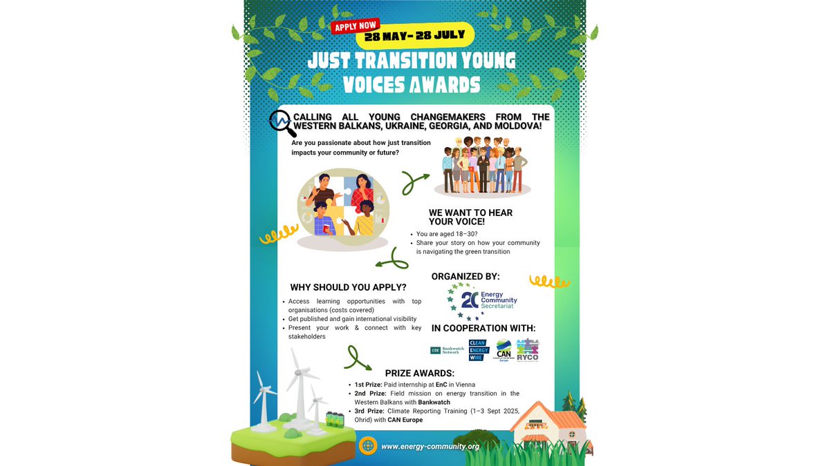🌱 Aged 18–30 and passionate about climate &amp; energy?
Apply for the #JustTransitionYoungVoicesAwards 2025!
📝 Share your story &amp; win:
🔹 Internship with the Energy Community in Vienna
🔹 Bankwatch mission
🔹 CAN Europe training (North Macedonia)
🔗energy-community.org/news/Energy-Co…