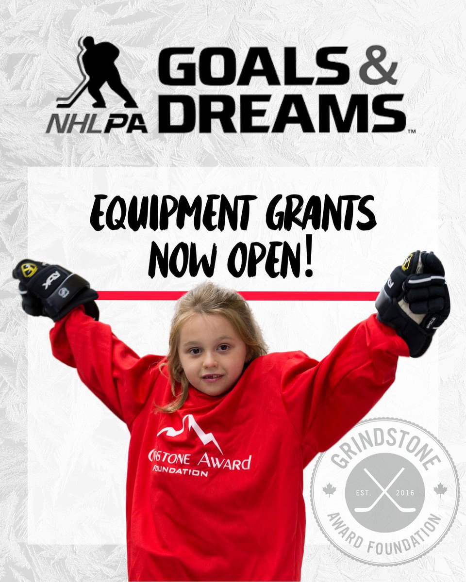 🏒 Equipment Grants are OPEN!
Thanks to <a href="/NHLPA/">NHLPA</a> Goals &amp; Dreams, we’re giving away brand-new hockey equipment sets to deserving girls across 🇨🇦!
⏳ The window is short — apply today:
👉 grindstoneaward.com/apply