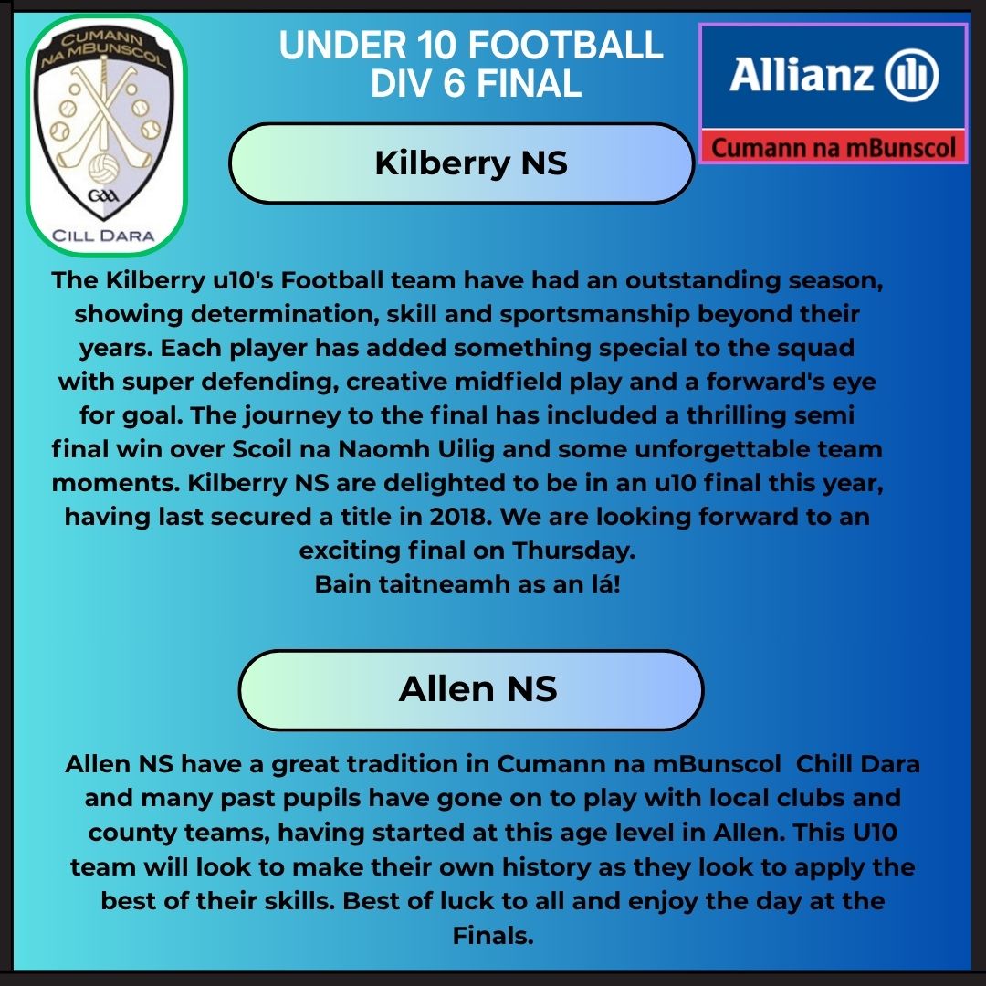 cumannchilldara's tweet photo. 🏐Under 10 Football 
Div 6 Final Thursday the 29th of May 
Allen NS vs Kilberry NS

@AllianzIreland @cnambnaisiunta @CnmBLaighean @Allen_NS_ @RhebanGFC @MitchellsGFC @ballyteaguegfc https://t.co/nmlk15ZR1q