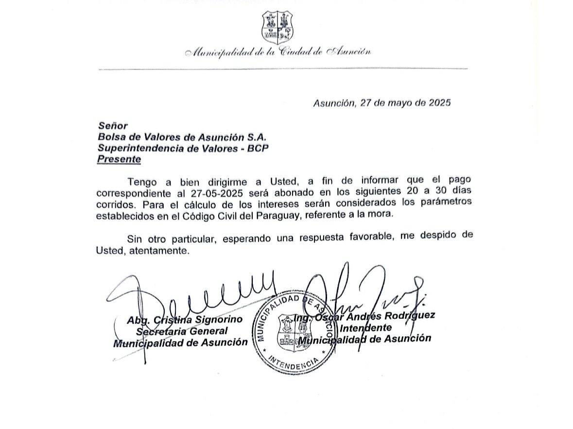 Hoy esto está publicado en todos los informes financieros del mundo: que la capital del Paraguay, no paga ni los intereses de los bonos en fecha.
Gracias Nenecho.