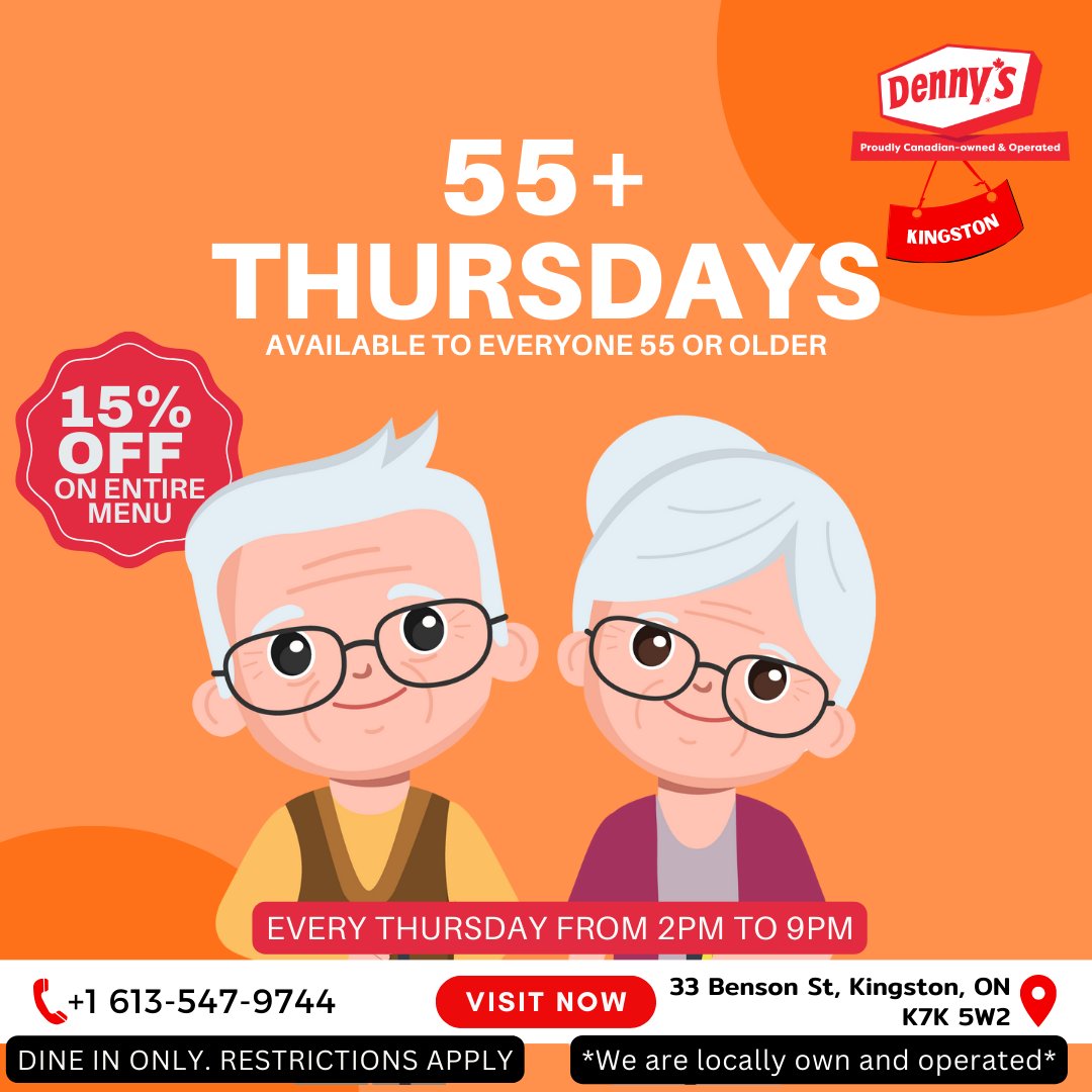 DennysBensonSt's tweet photo. Calling all seniors! Every Thursday, get 15% OFF your entire order at Denny’s Kingston (55+). Come for the comfort food, stay for the savings! 🕑 2PM–9PM.

📞 Call: 613-547-9744
Locally owned &amp; operated. Dine-in only.
#DennyKingston #55PlusDeals #KingstonOntario #SeniorSavings https://t.co/OefpLdvdMF