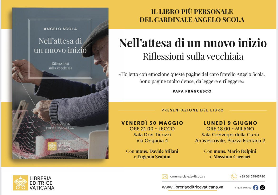 28 maggio «Sono pagine molto dense, da leggere e rileggere» – #PapaFrancesco. 
📖 𝐍𝐞𝐥𝐥’𝐚𝐭𝐭𝐞𝐬𝐚 𝐝𝐢 𝐮𝐧 𝐧𝐮𝐨𝐯𝐨 𝐢𝐧𝐢𝐳𝐢𝐨 di Angelo Scola. Due appuntamenti da non perdere:
📍 Lecco, 30 maggio
📍 Milano, 9 giugno 👇🏻